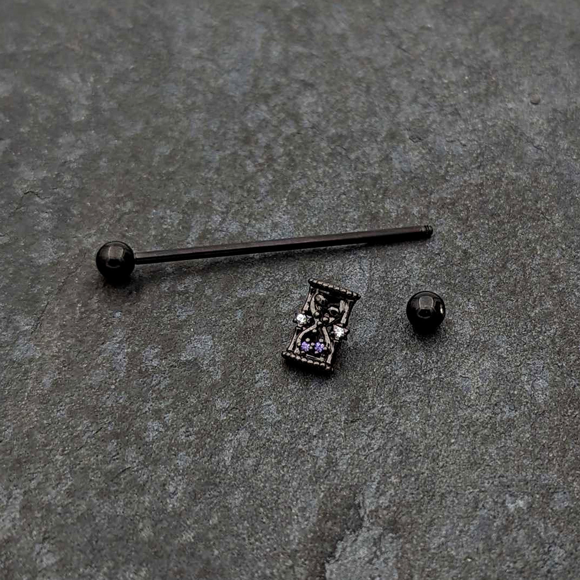 14 Gauge Purple Gem Black Gothic Hourglass Industrial Barbell 38mm