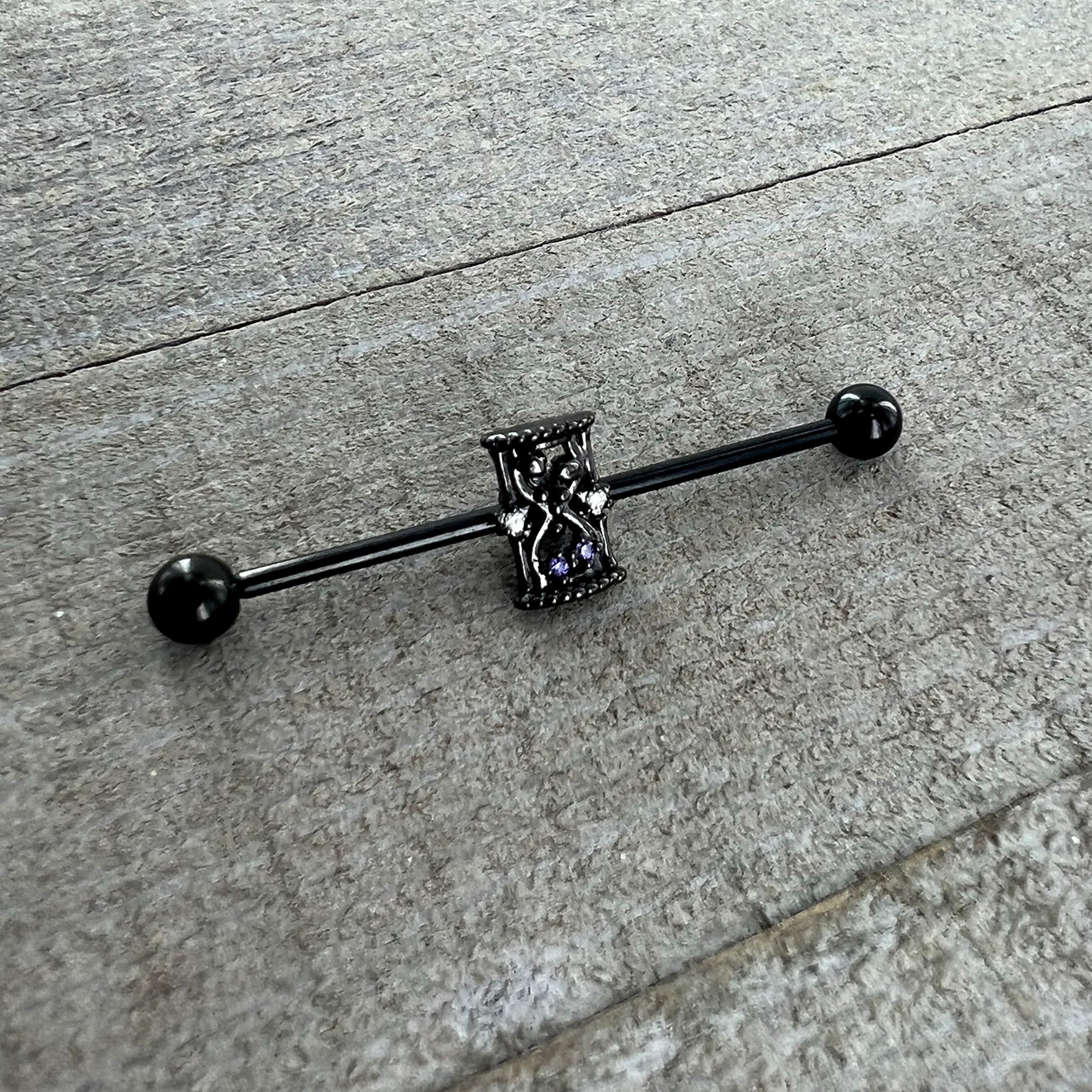 14 Gauge Purple Gem Black Gothic Hourglass Industrial Barbell 38mm