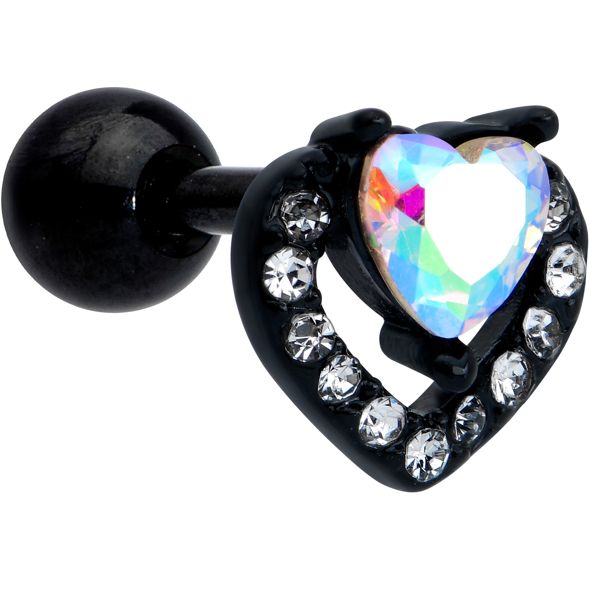 16 Gauge 1/4 Aurora Gem Black Double Heart Cartilage Tragus Earring