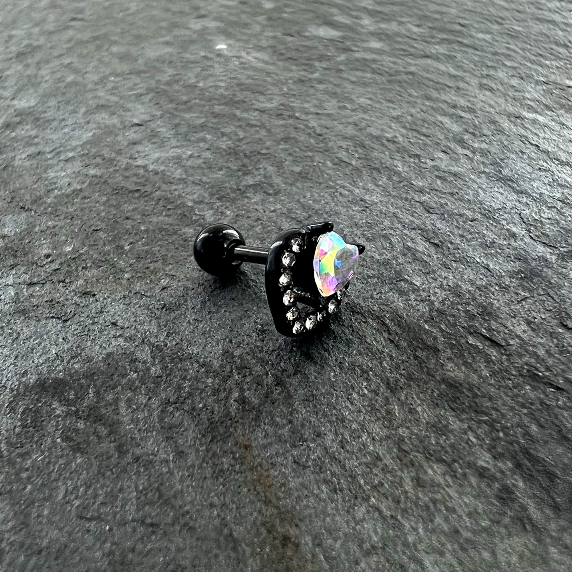 16 Gauge 1/4 Aurora Gem Black Double Heart Cartilage Tragus Earring