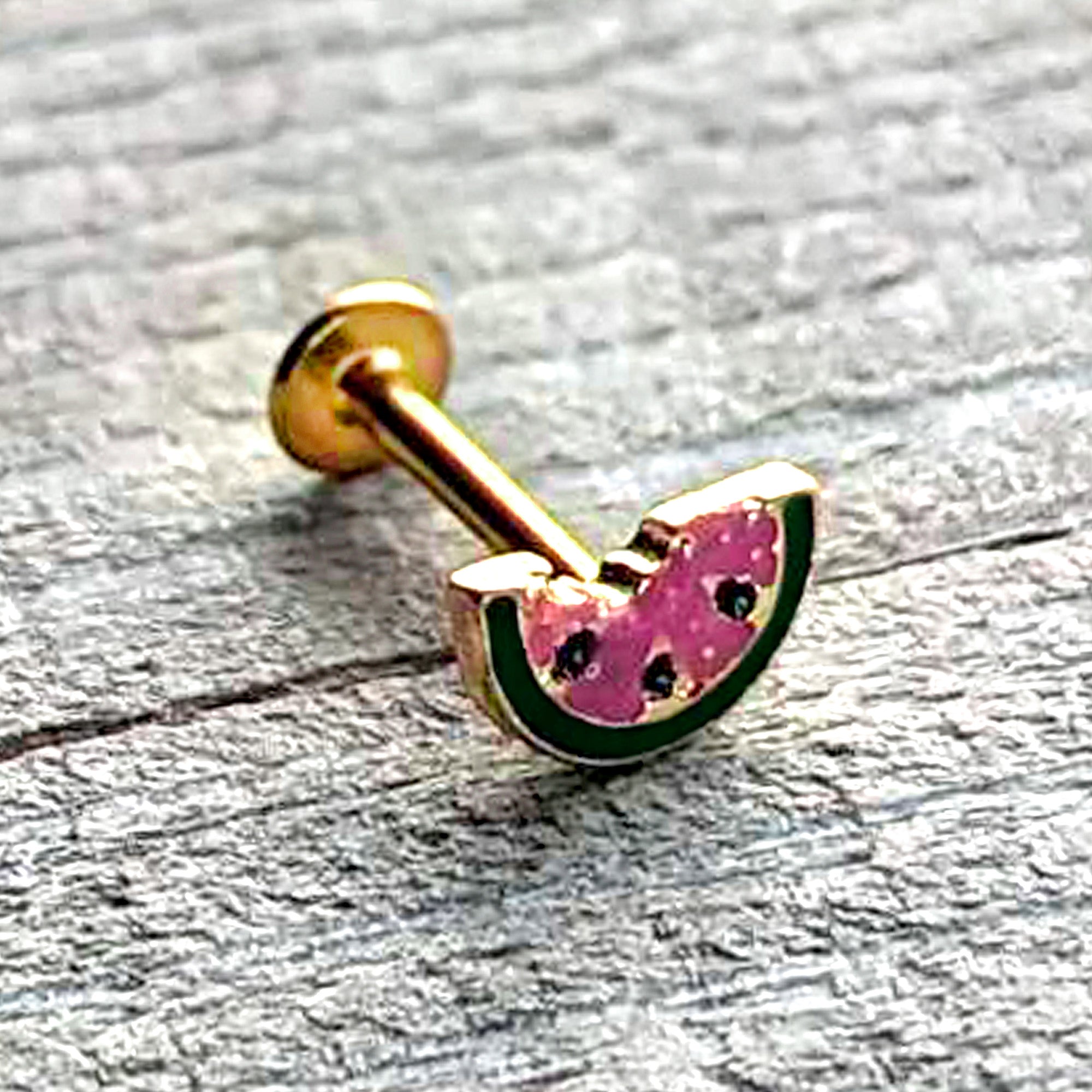 16 Gauge 5/16 Gold Tone Watermelon Bite Labret Monroe Tragus