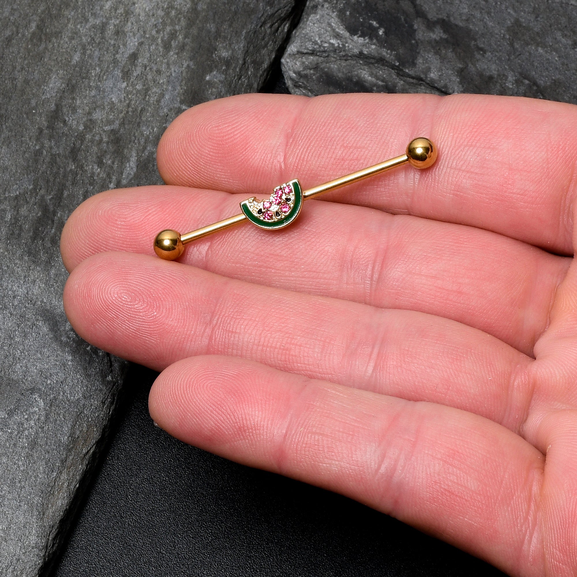 14 Gauge Gold Tone Watermelon Bite Industrial Barbell 38mm