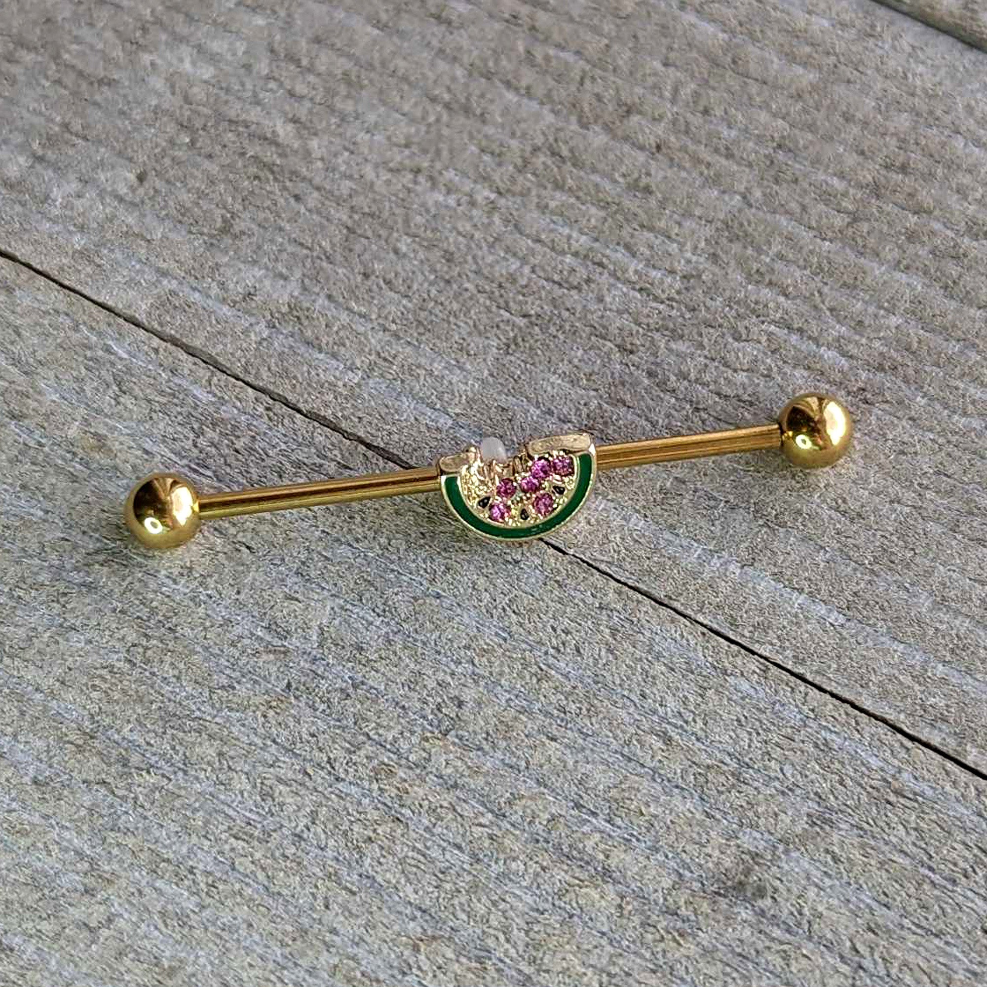 14 Gauge Gold Tone Watermelon Bite Industrial Barbell 38mm