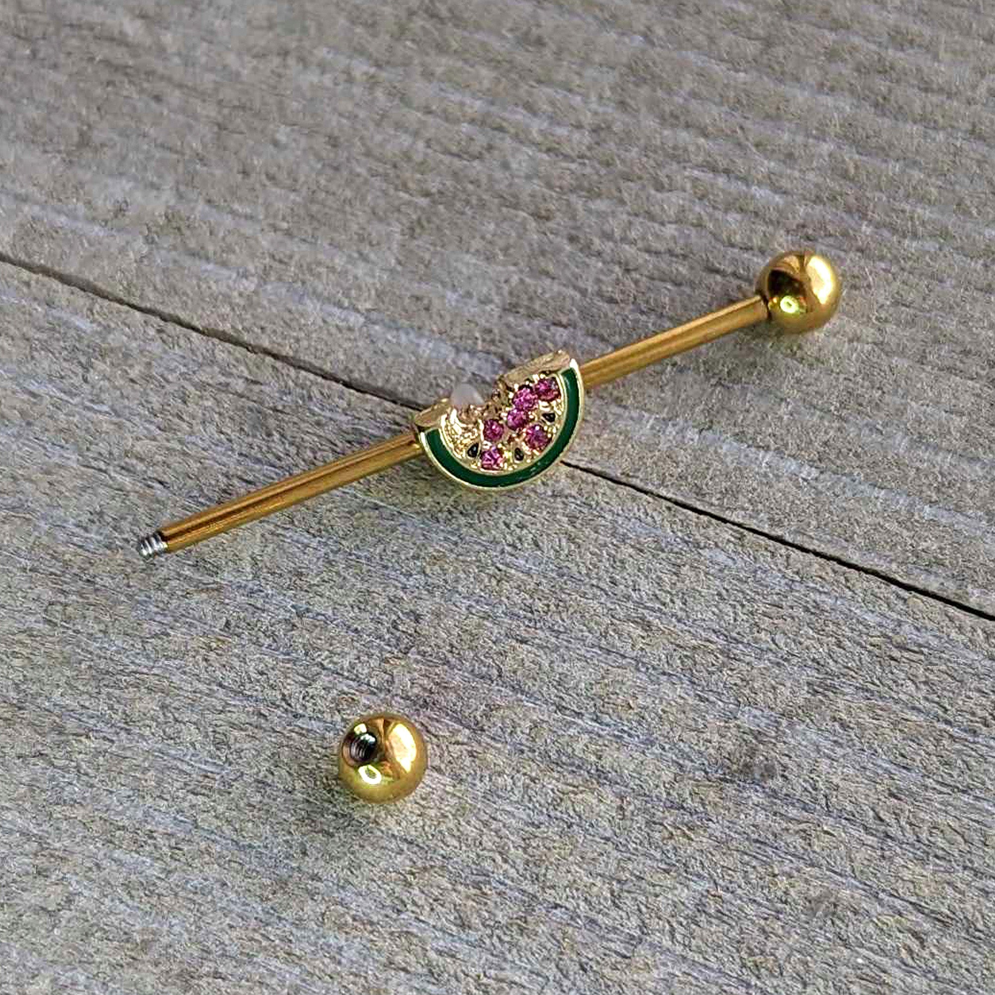 14 Gauge Gold Tone Watermelon Bite Industrial Barbell 38mm