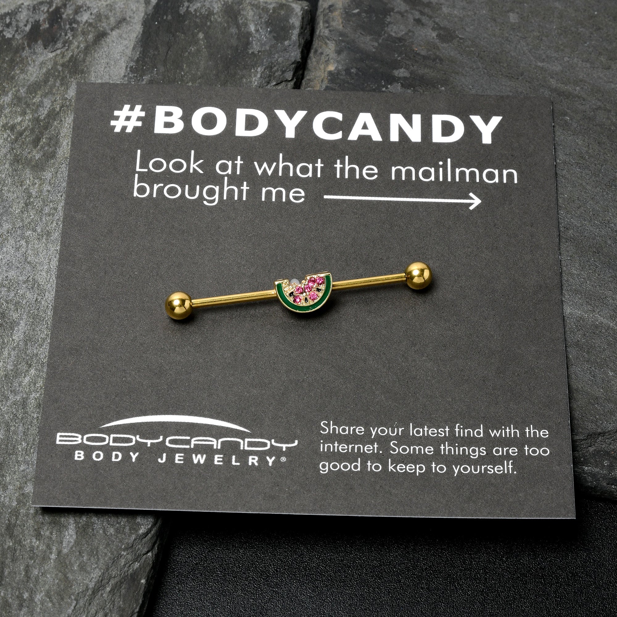 14 Gauge Gold Tone Watermelon Bite Industrial Barbell 38mm