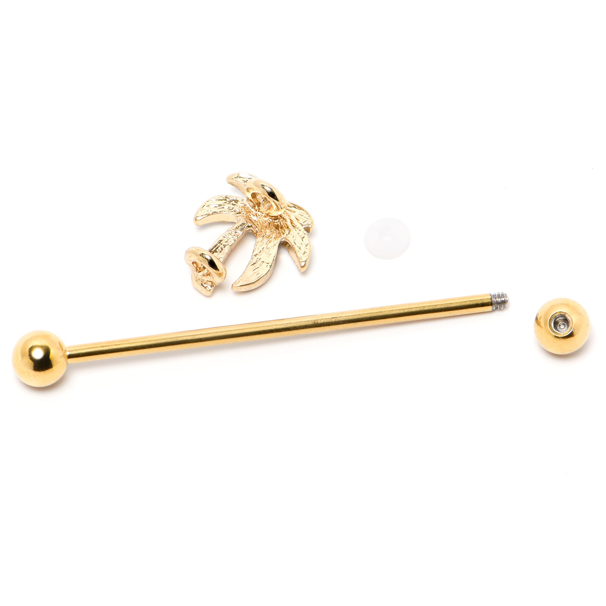 14 Gauge Clear Gem Gold Tone Palm Tree Style Industrial Barbell 38mm