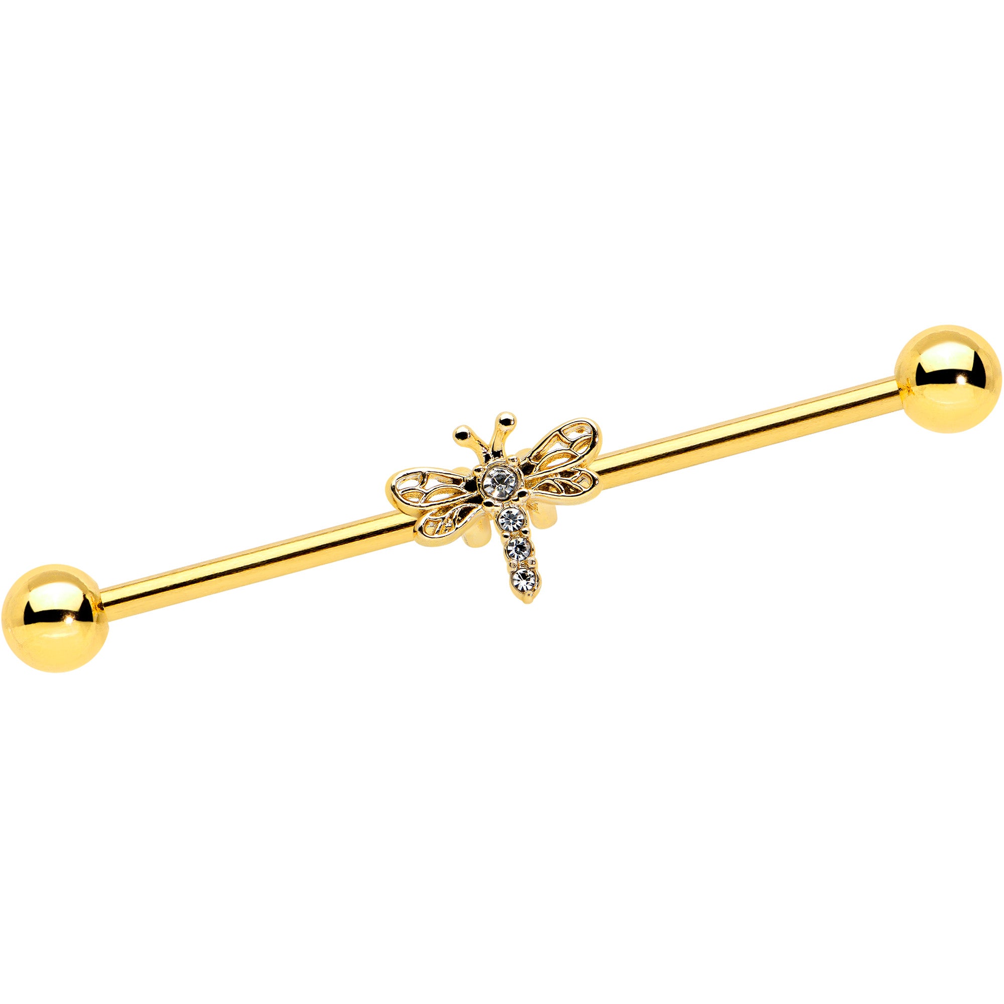 14 Gauge Clear Gem Gold Tone Flying Dragonfly Industrial Barbell 38mm