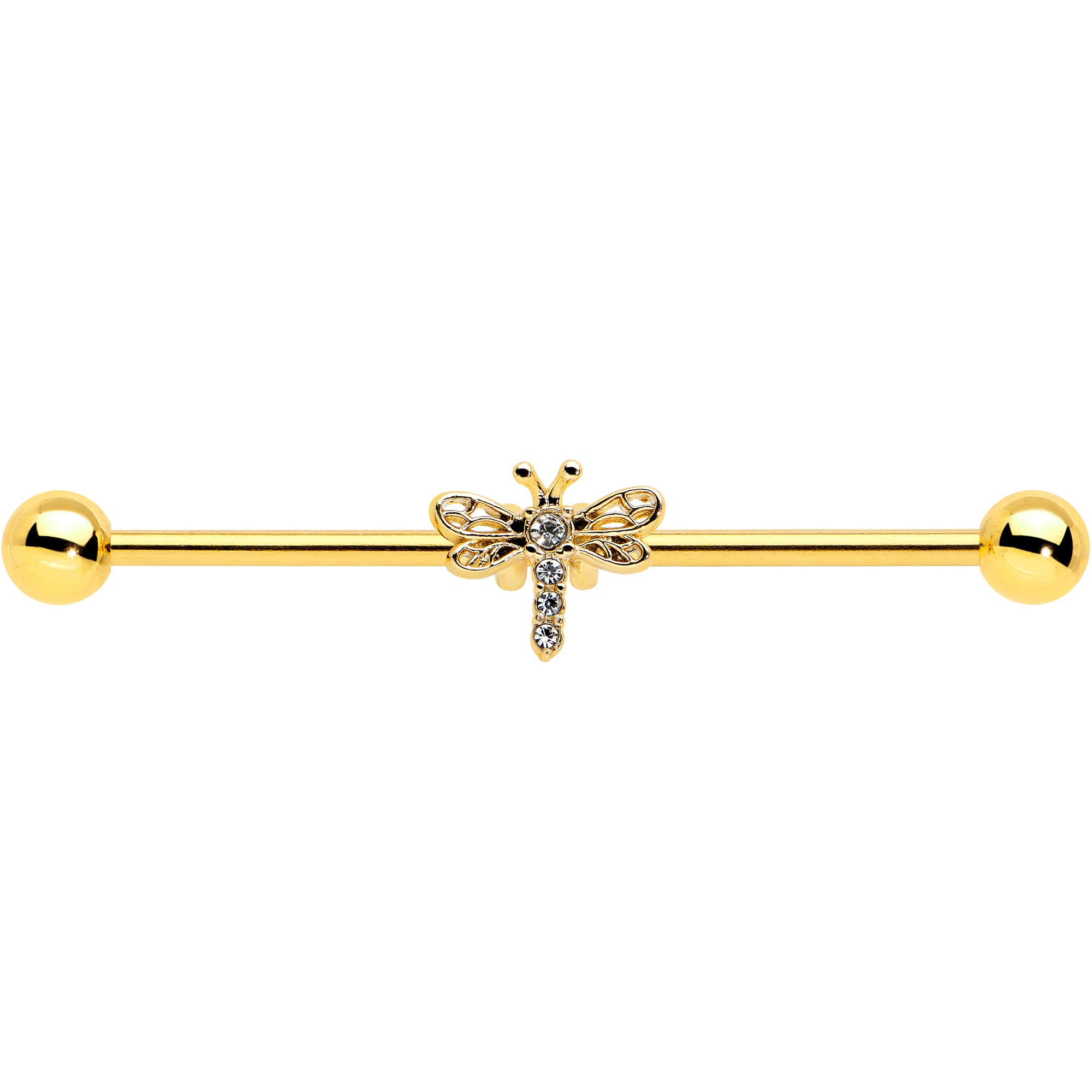 14 Gauge Clear Gem Gold Tone Flying Dragonfly Industrial Barbell 38mm