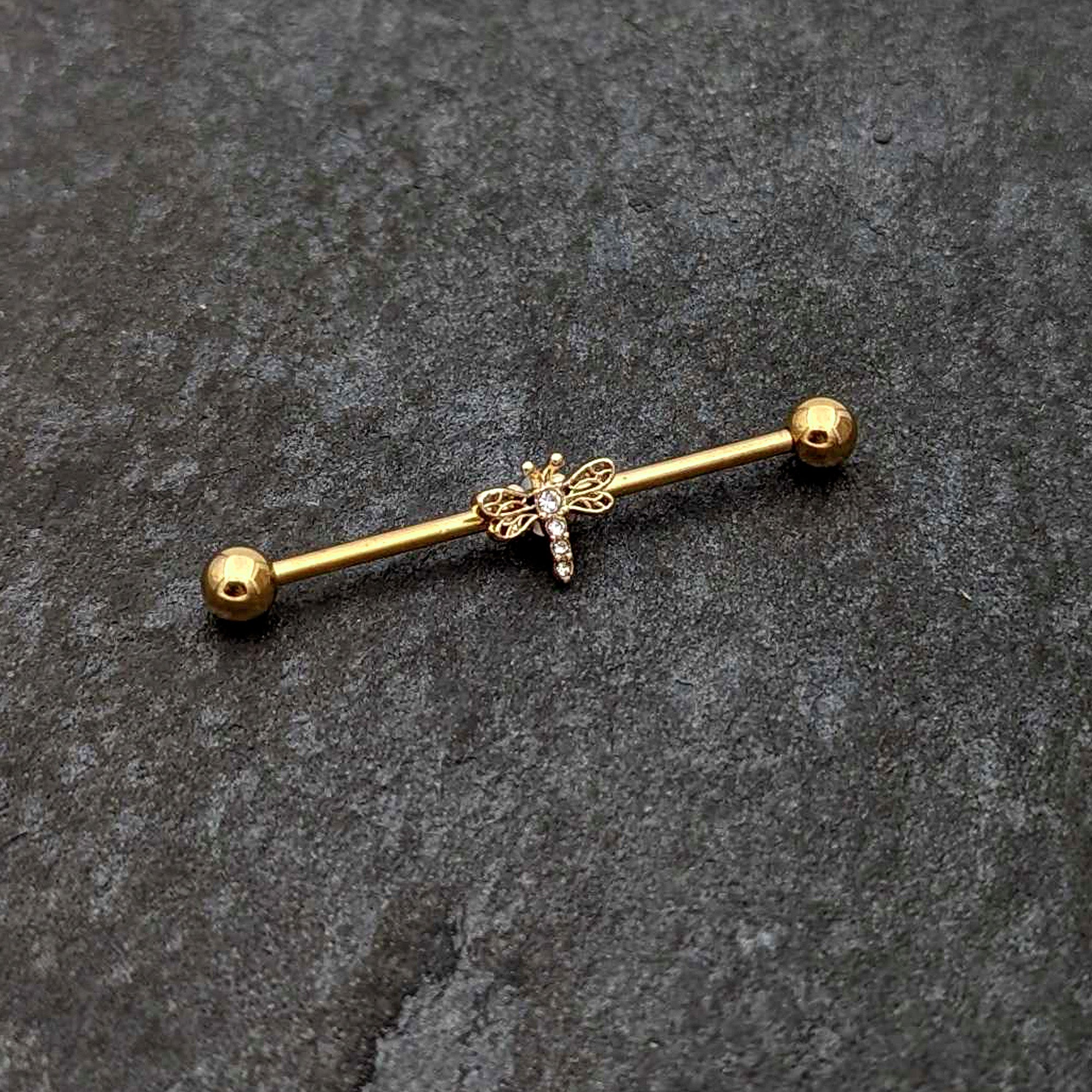 14 Gauge Clear Gem Gold Tone Flying Dragonfly Industrial Barbell 38mm