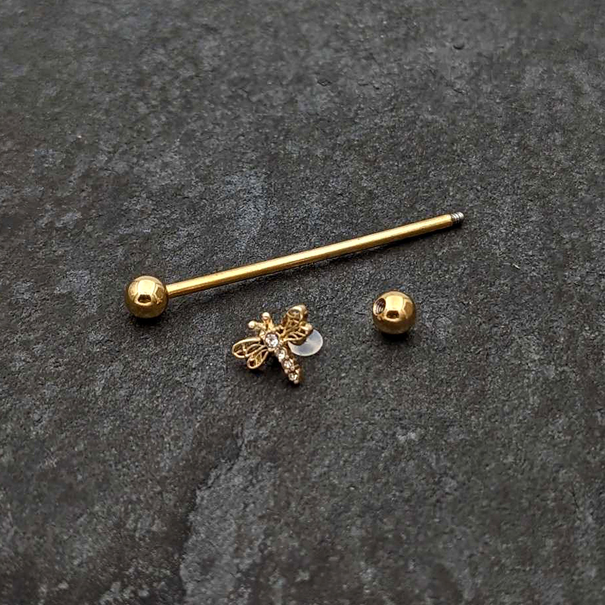 14 Gauge Clear Gem Gold Tone Flying Dragonfly Industrial Barbell 38mm