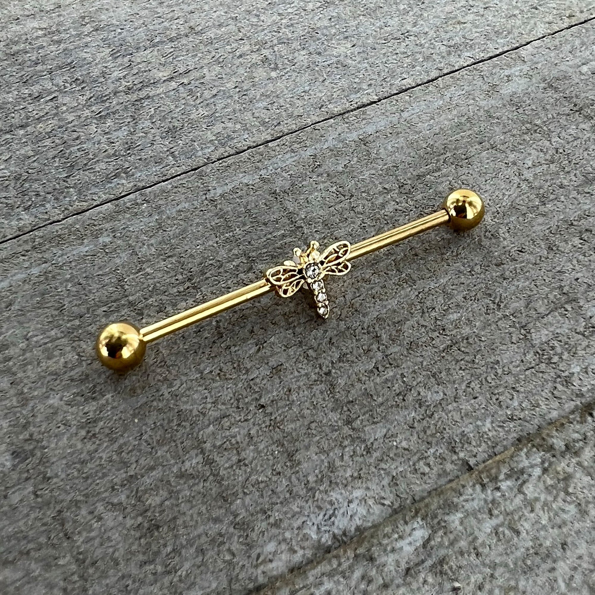 14 Gauge Clear Gem Gold Tone Flying Dragonfly Industrial Barbell 38mm