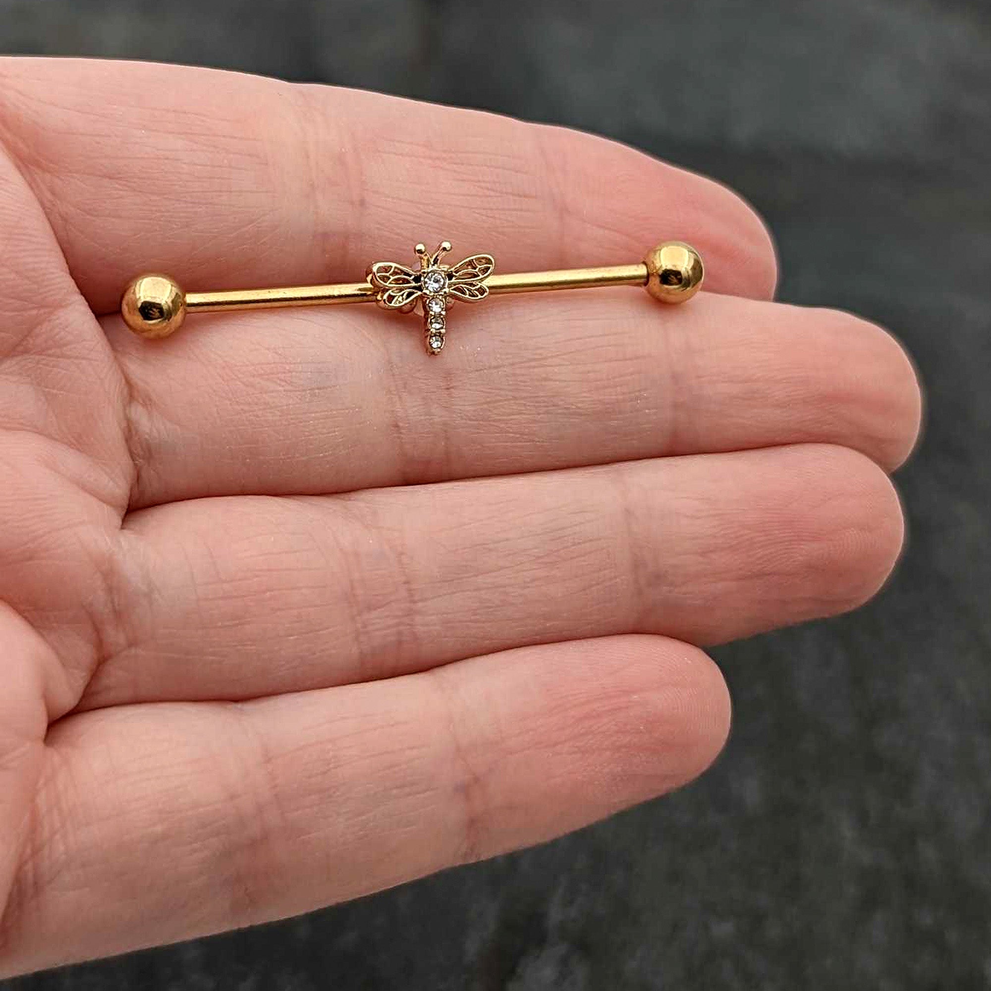 14 Gauge Clear Gem Gold Tone Flying Dragonfly Industrial Barbell 38mm