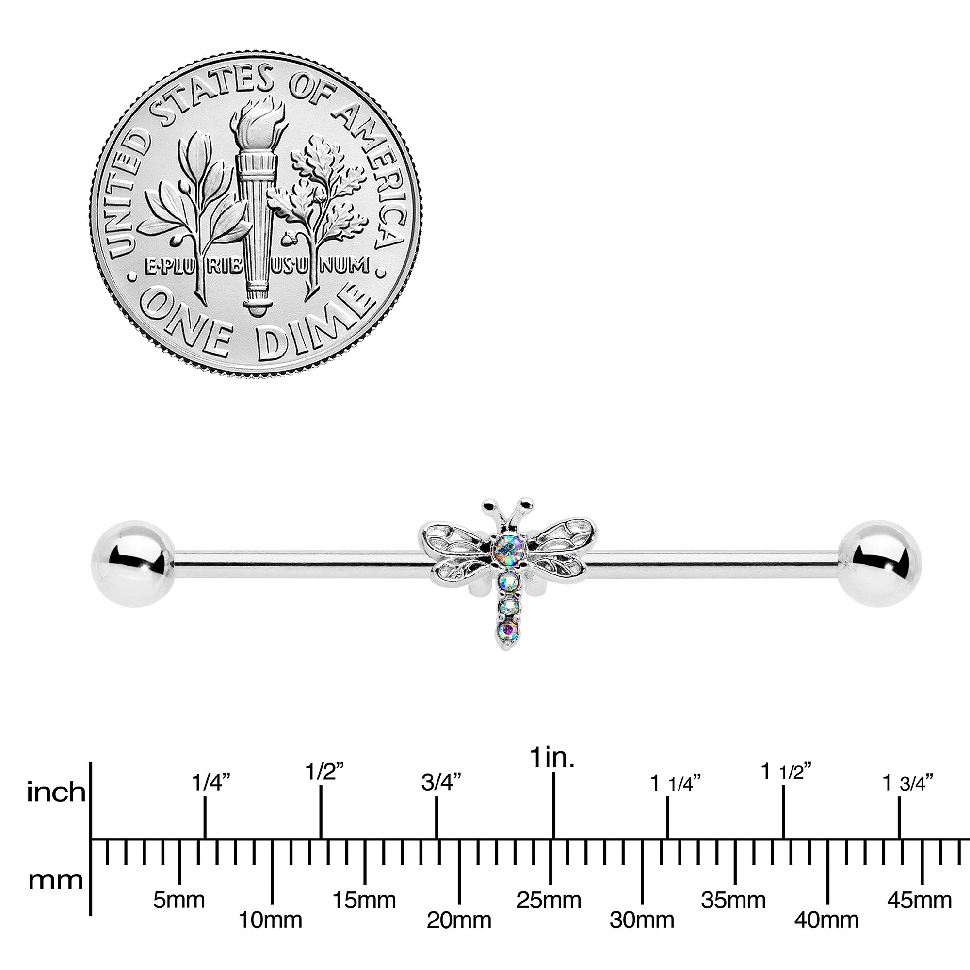 14 Gauge Aurora Gem Dragonfly Flying Industrial Barbell 38mm