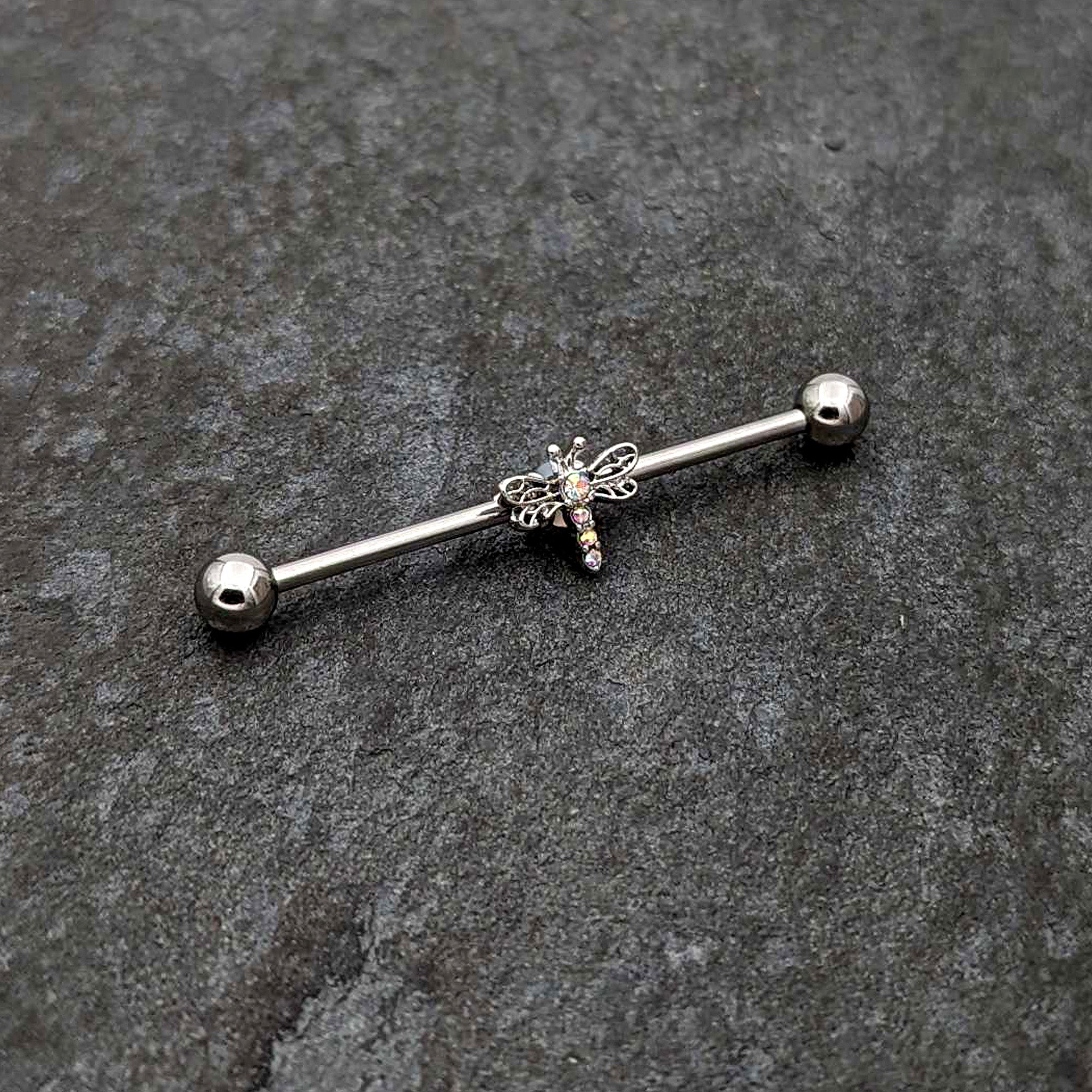 14 Gauge Aurora Gem Dragonfly Flying Industrial Barbell 38mm