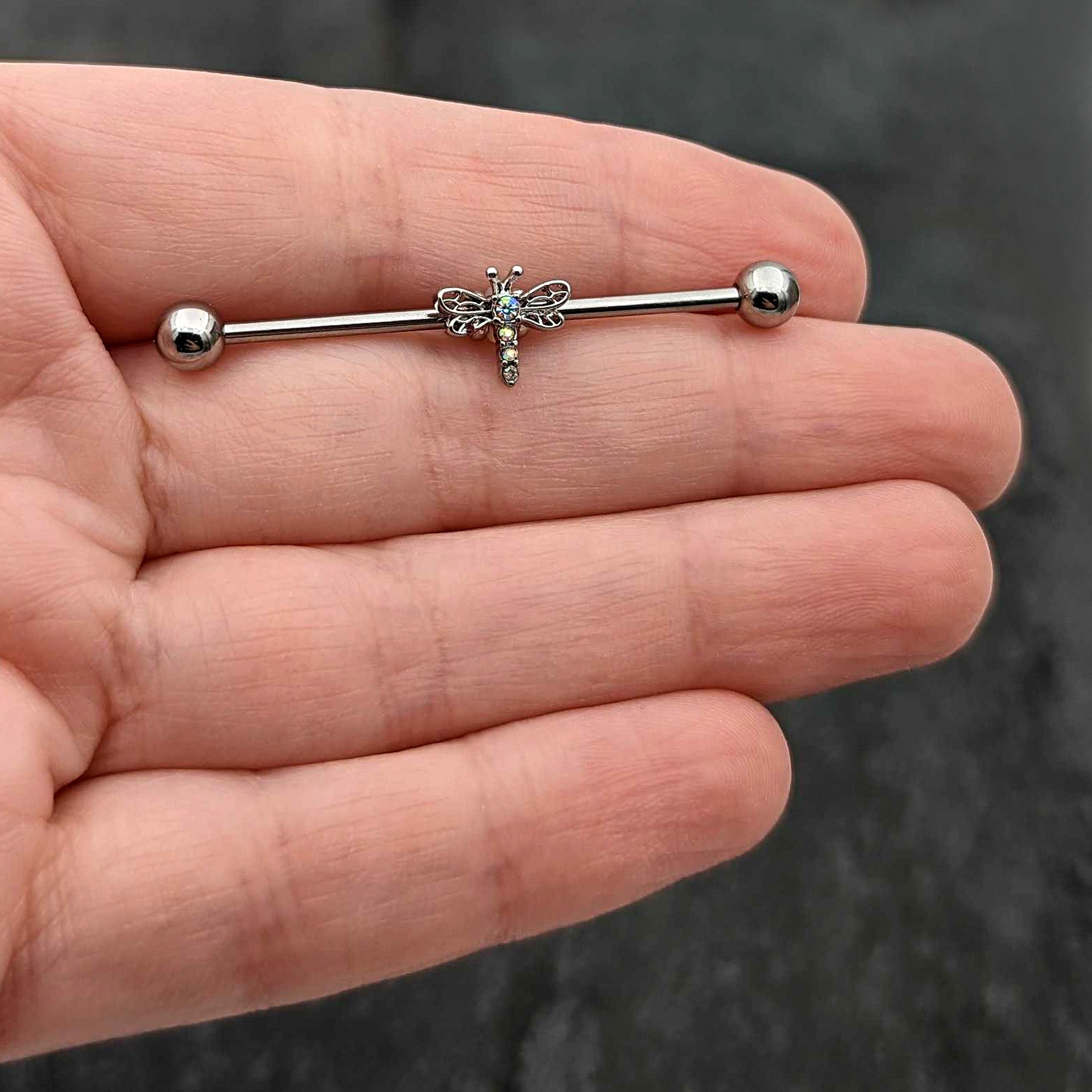 14 Gauge Aurora Gem Dragonfly Flying Industrial Barbell 38mm