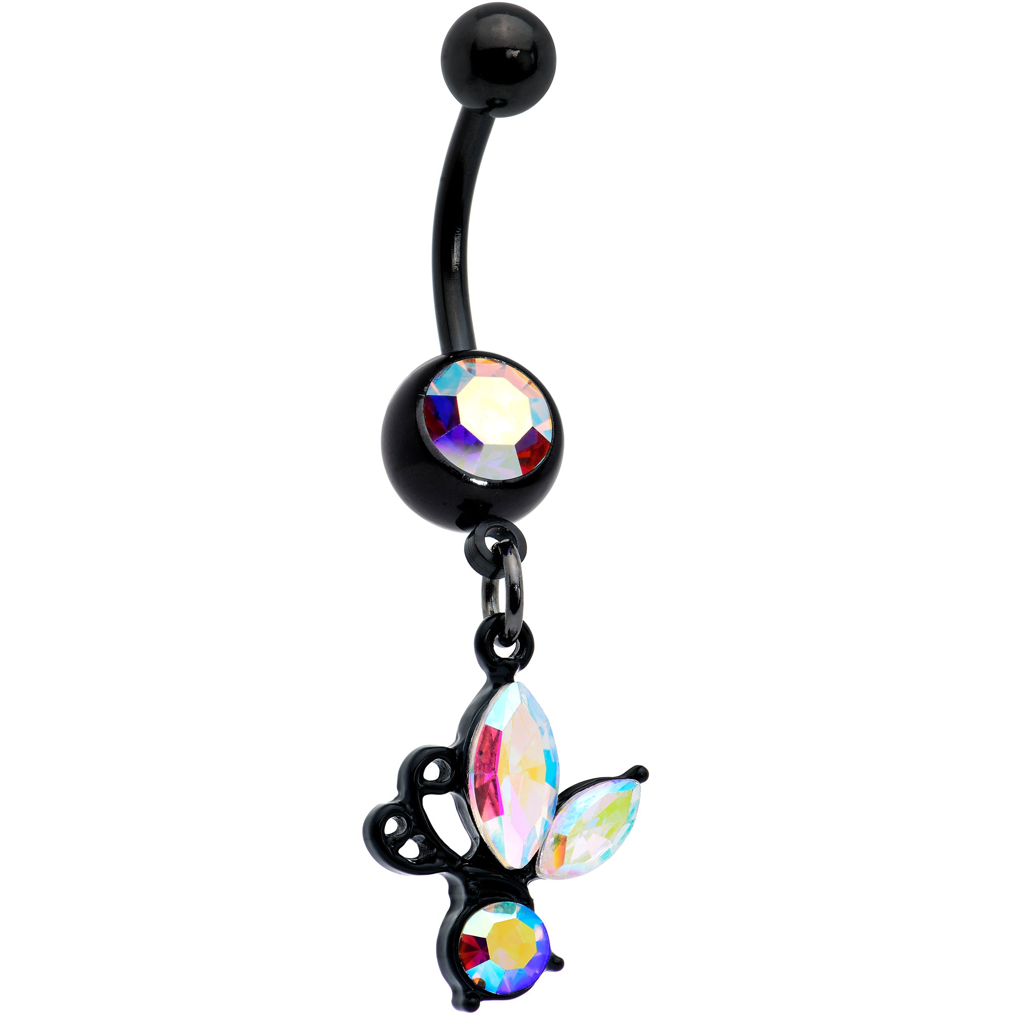 Aurora Gem Black Fleur de Lis Butterfly Dangle Belly Ring