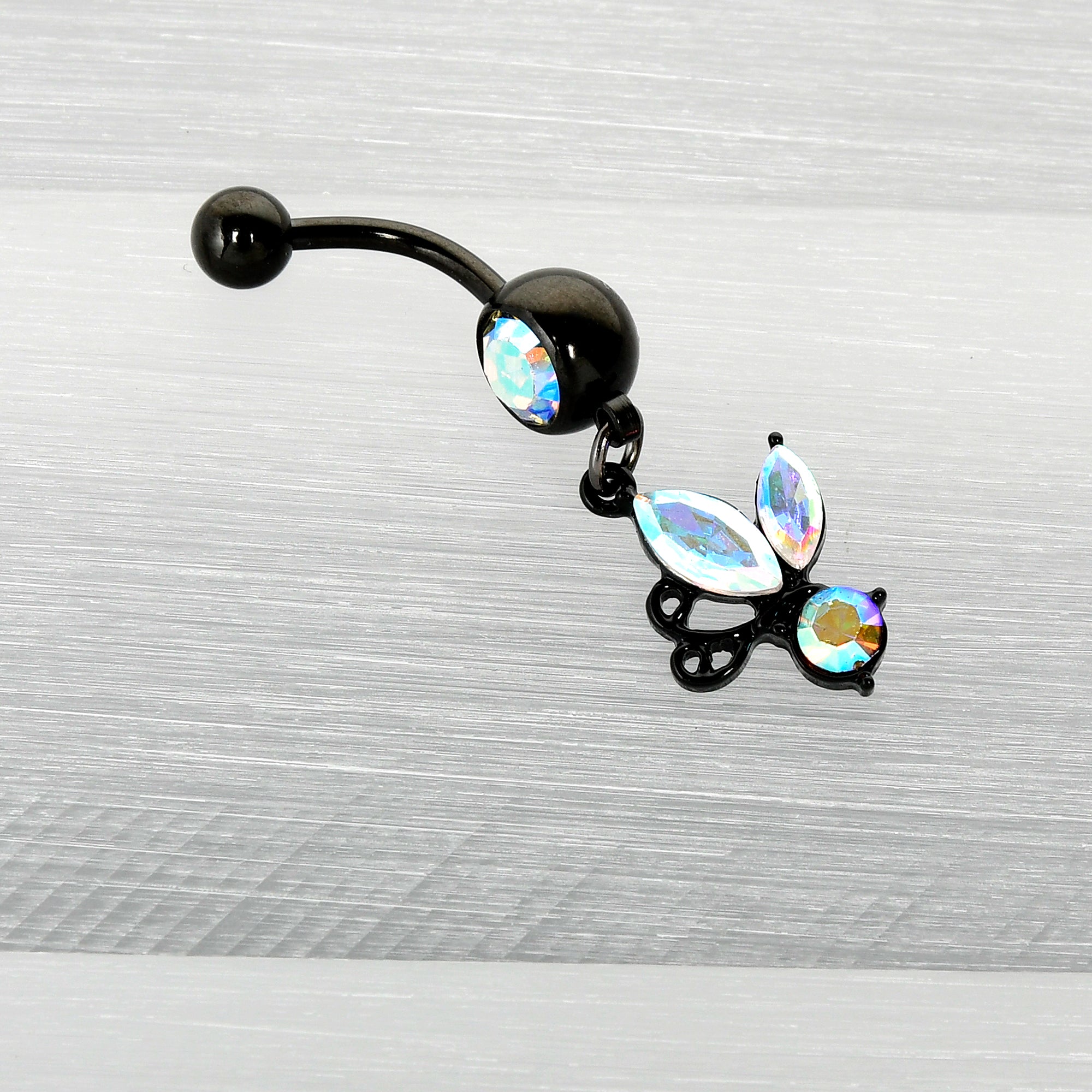 Aurora Gem Black Fleur de Lis Butterfly Dangle Belly Ring