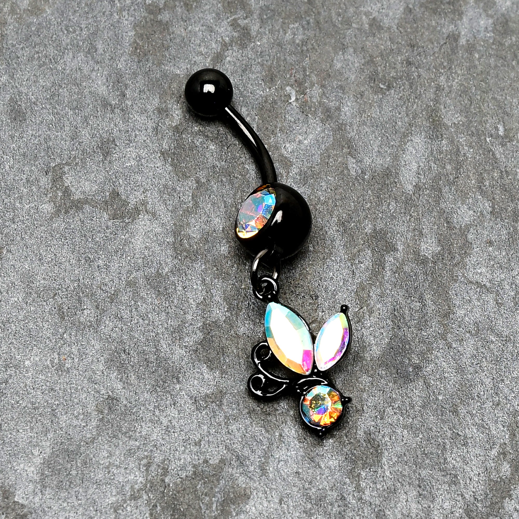 Aurora Gem Black Fleur de Lis Butterfly Dangle Belly Ring