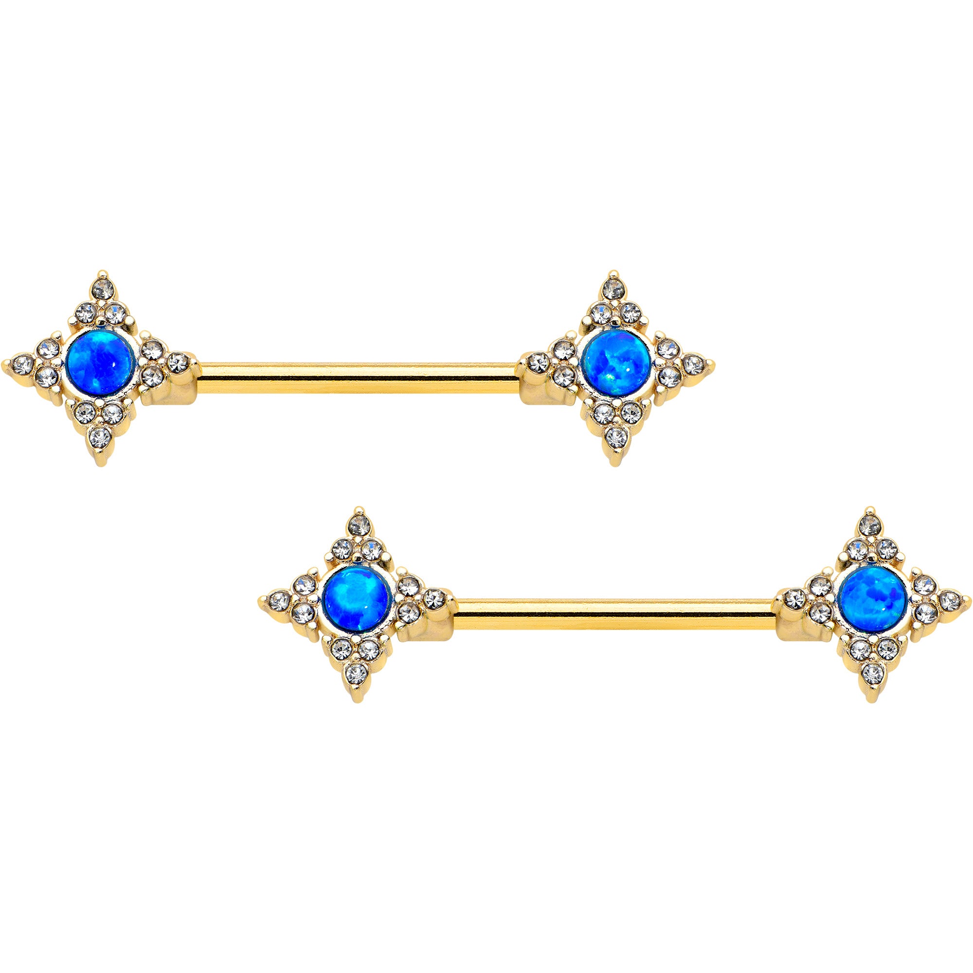 14 Gauge 9/16 Blue Synthetic Opal Gold Tone Rhombus Nipple Ring Set