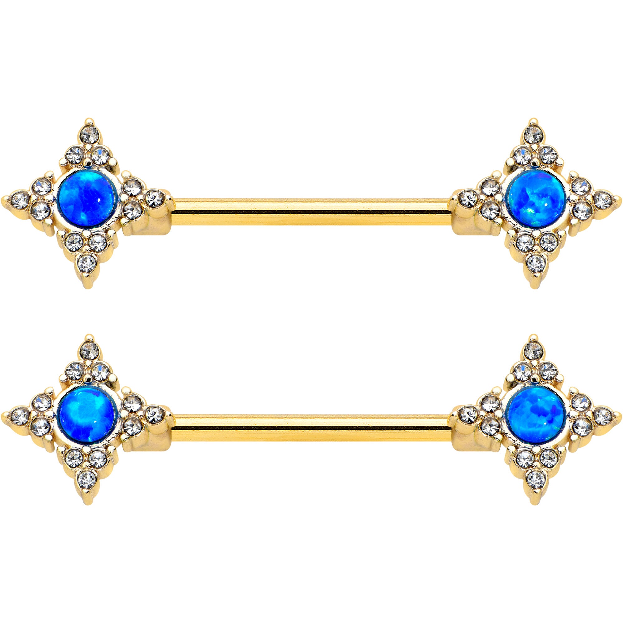 14 Gauge 9/16 Blue Synthetic Opal Gold Tone Rhombus Nipple Ring Set