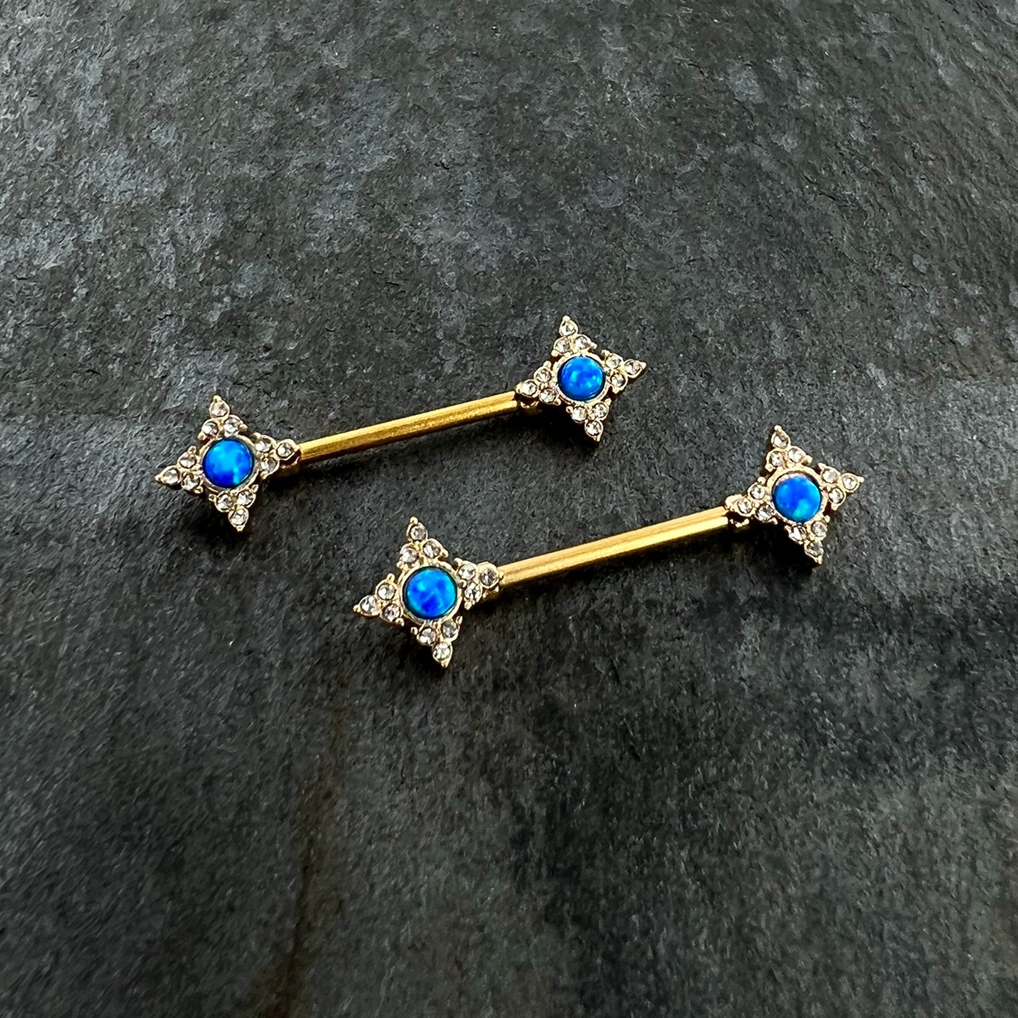 14 Gauge 9/16 Blue Synthetic Opal Gold Tone Rhombus Nipple Ring Set