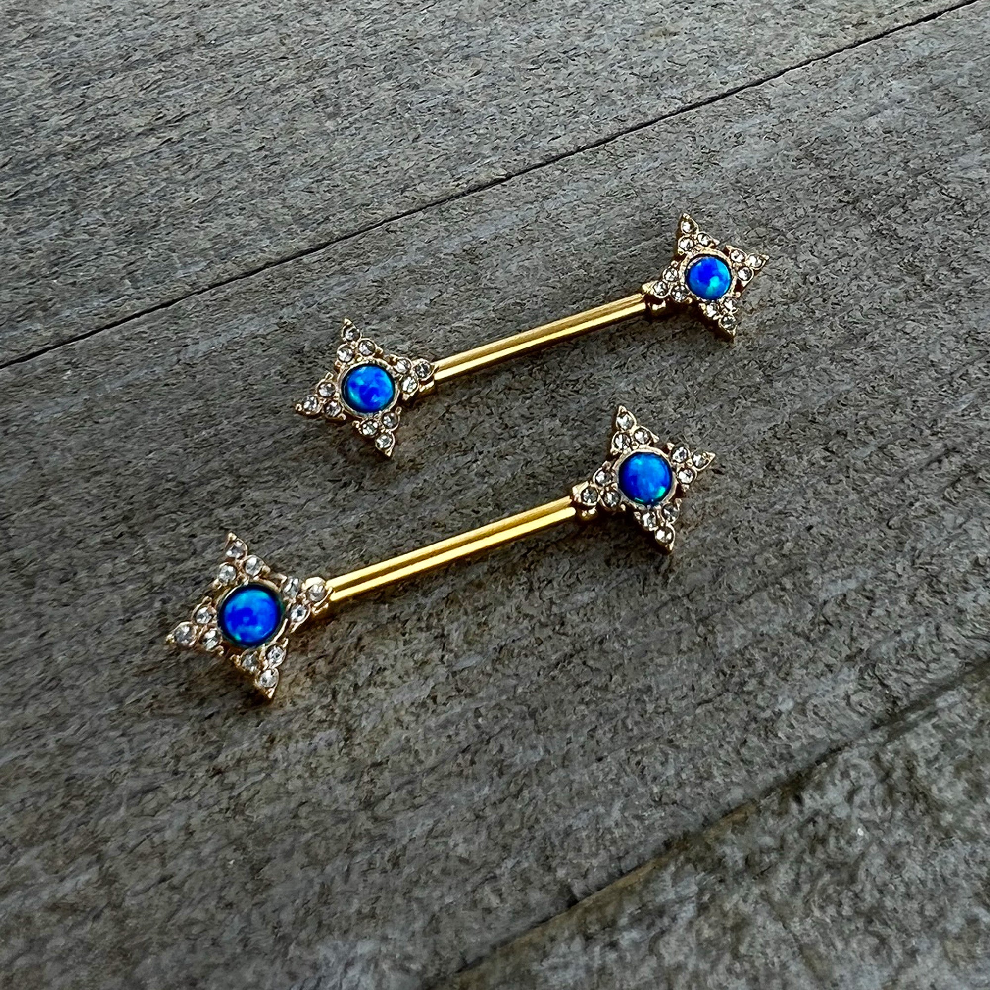 14 Gauge 9/16 Blue Synthetic Opal Gold Tone Rhombus Nipple Ring Set