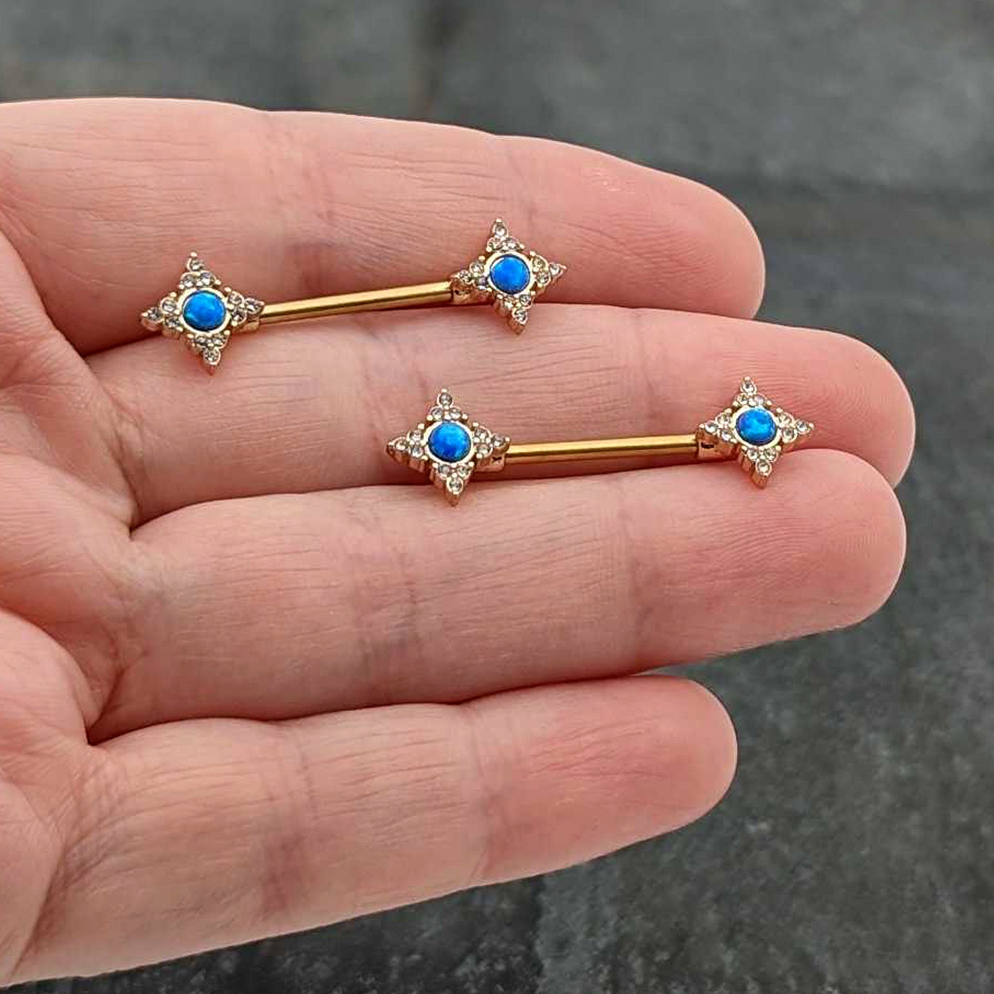 14 Gauge 9/16 Blue Synthetic Opal Gold Tone Rhombus Nipple Ring Set