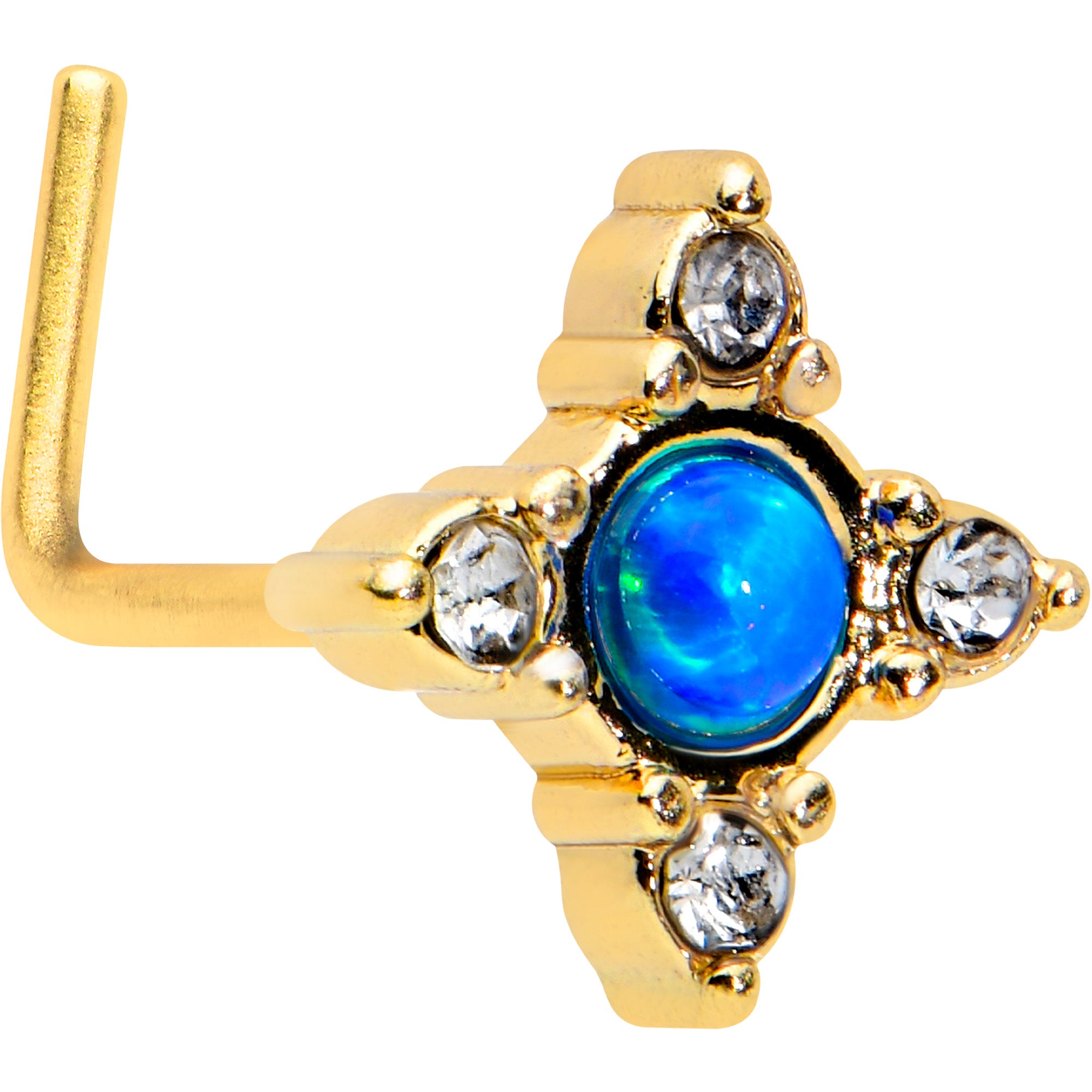 20 Gauge 1/4 Blue Synthetic Opal Gold Hue Rhombus L Shape Nose Ring