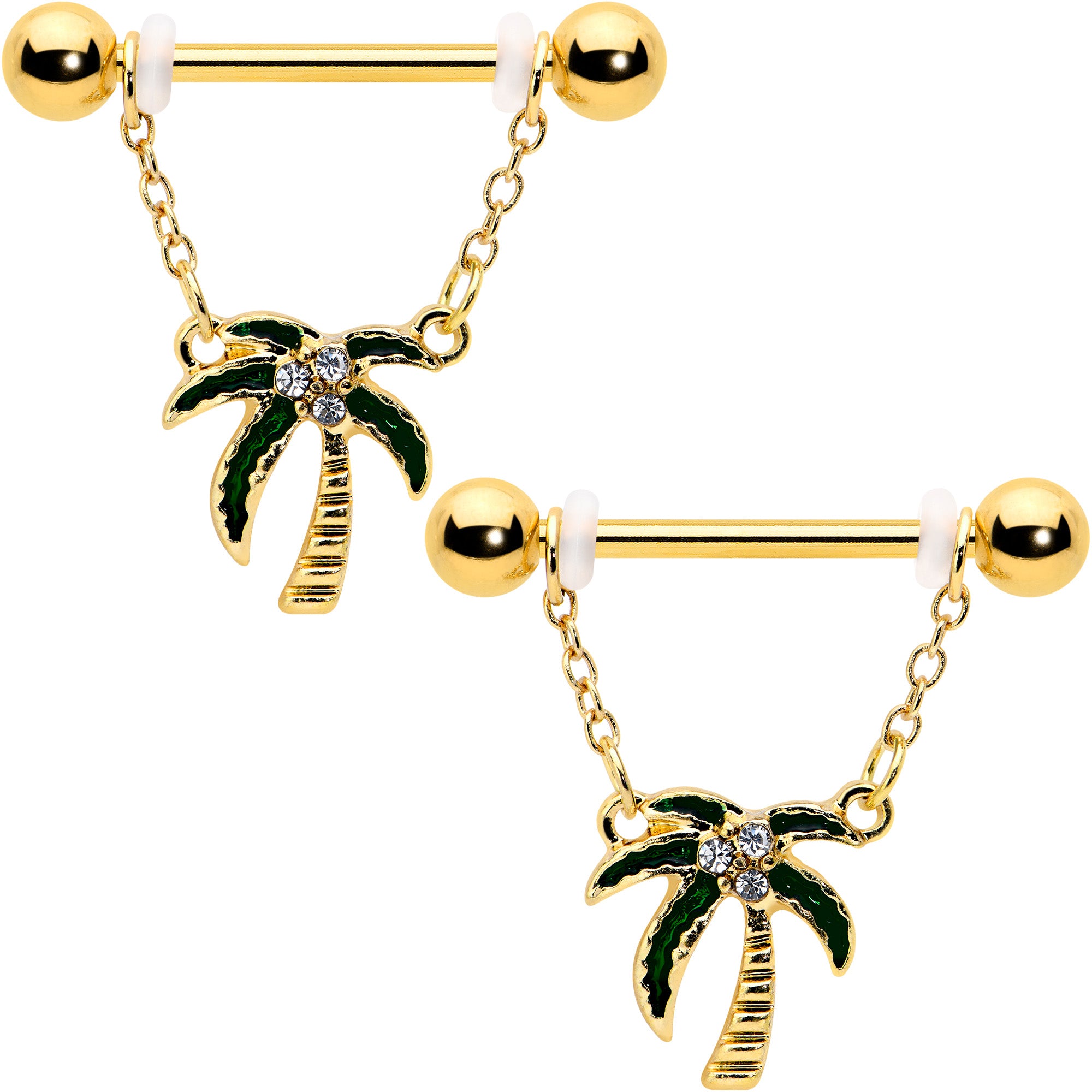 14 Gauge 9/16 Clear Gem Gold Hue Palm Tree Style Dangle Nipple Ring Set