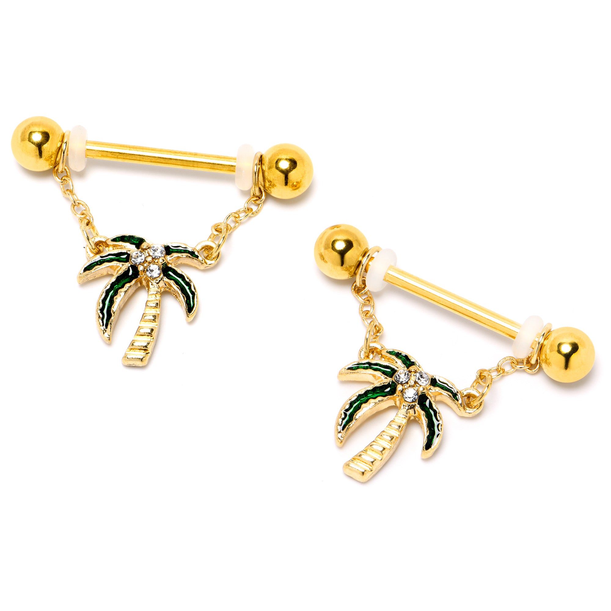 14 Gauge 9/16 Clear Gem Gold Hue Palm Tree Style Dangle Nipple Ring Set