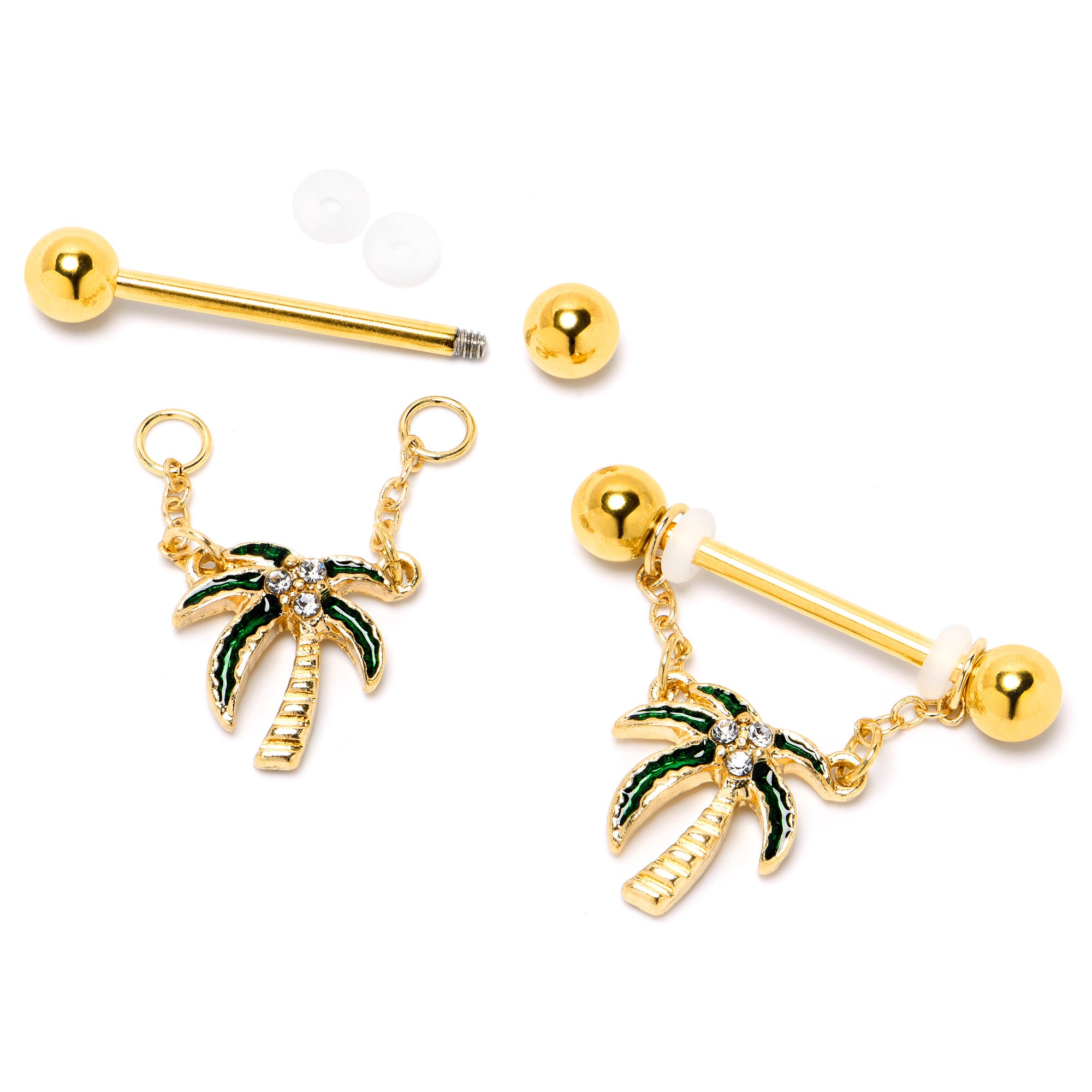 14 Gauge 9/16 Clear Gem Gold Hue Palm Tree Style Dangle Nipple Ring Set