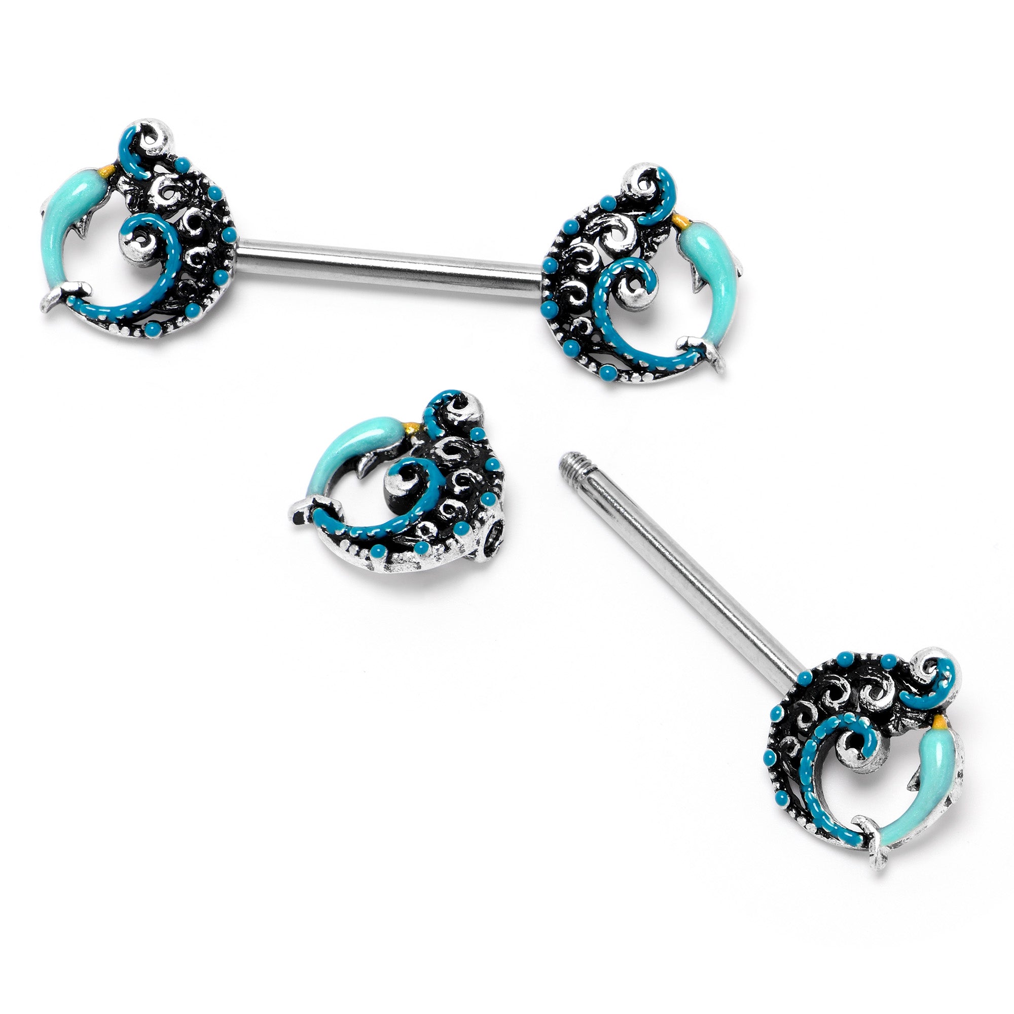 14 Gauge 9/16 Leaping Blue Dolphin Barbell Nipple Ring Set