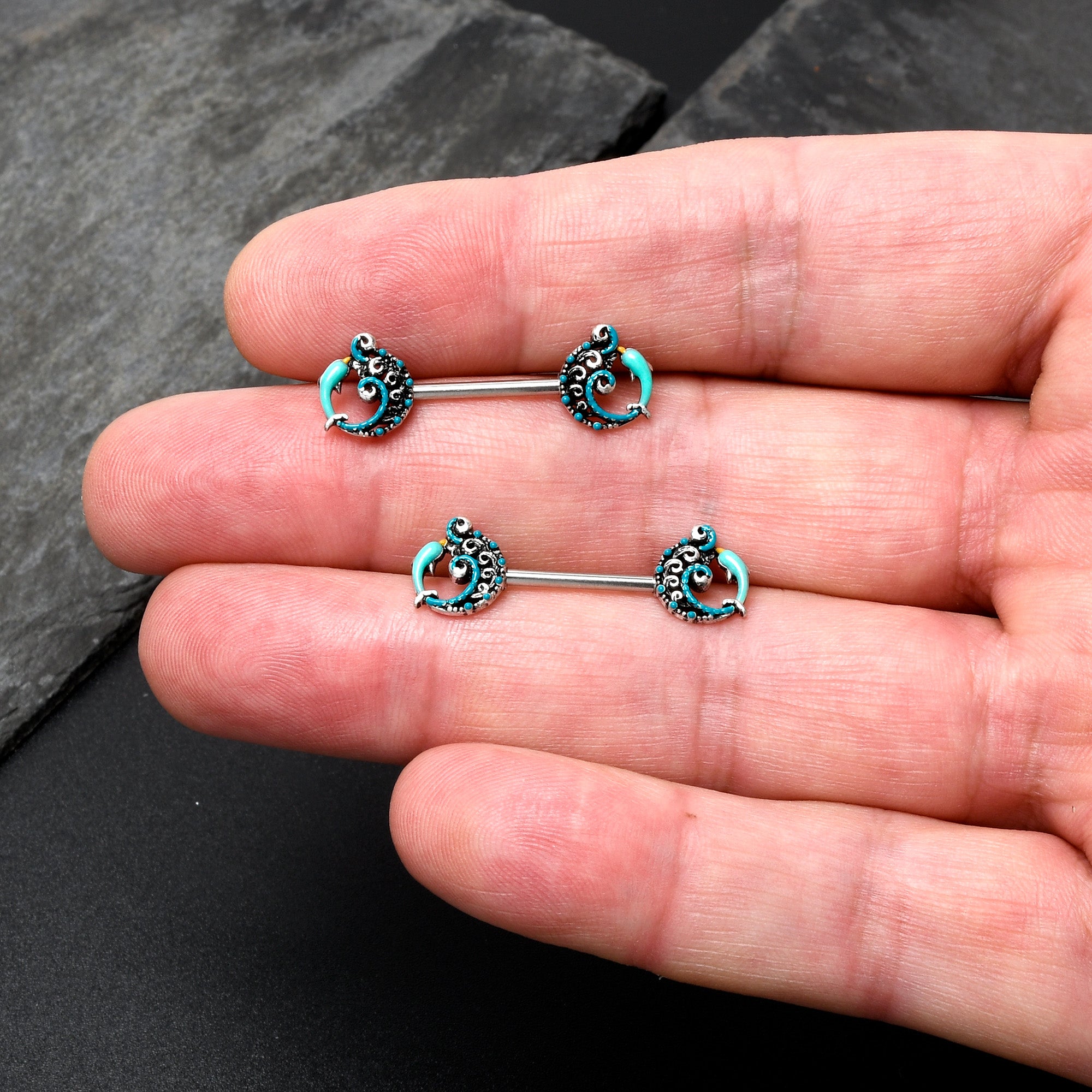 14 Gauge 9/16 Leaping Blue Dolphin Barbell Nipple Ring Set