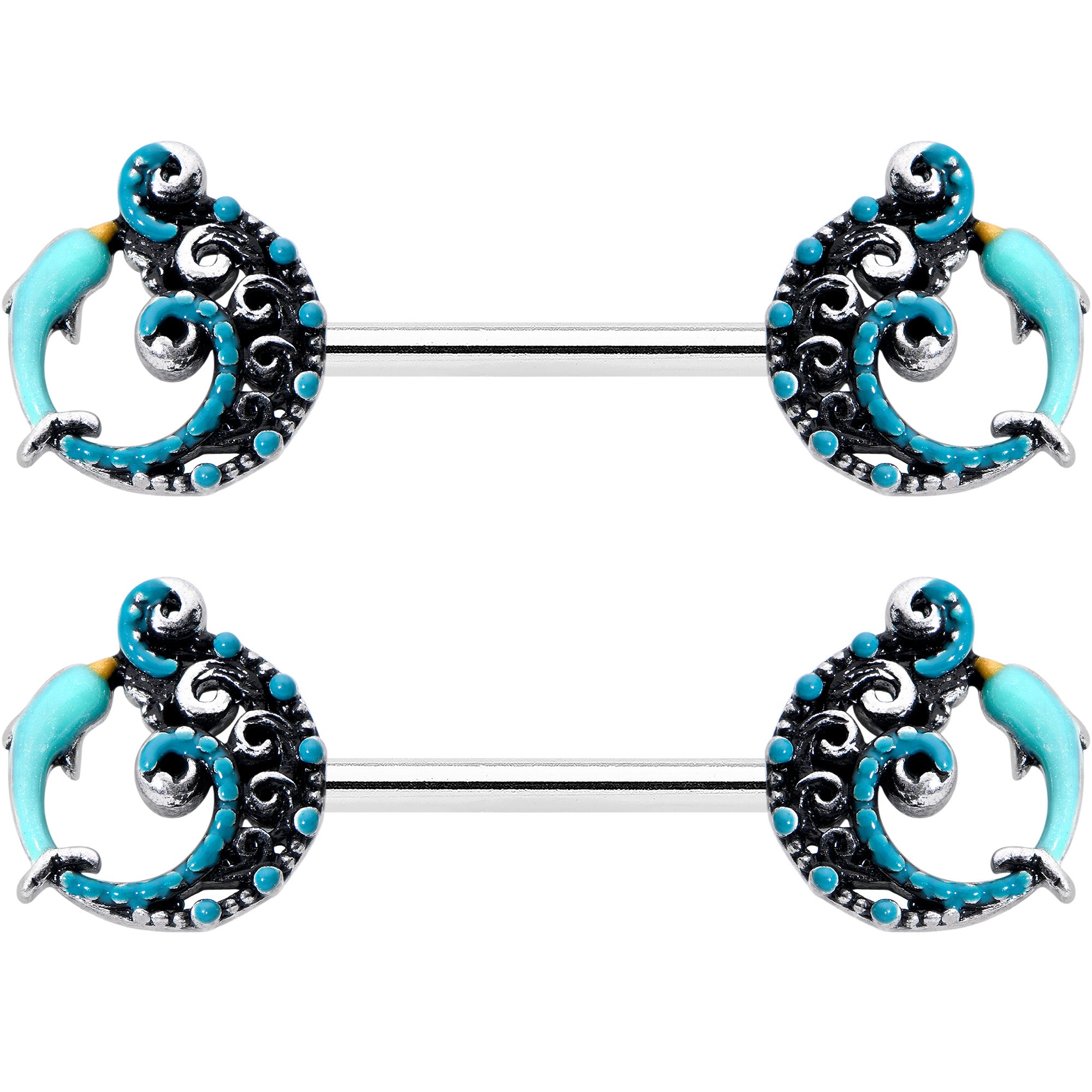 14 Gauge 9/16 Leaping Blue Dolphin Barbell Nipple Ring Set