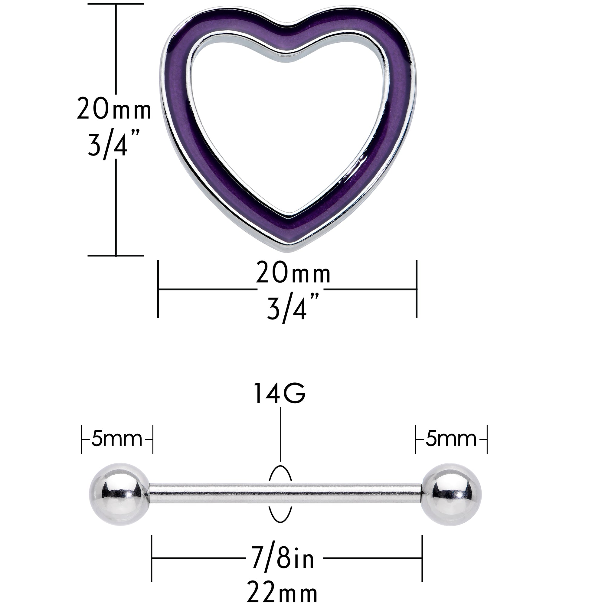 14 Gauge 5/8 Purple Heart Glow in the Dark Valentine Nipple Shield Set