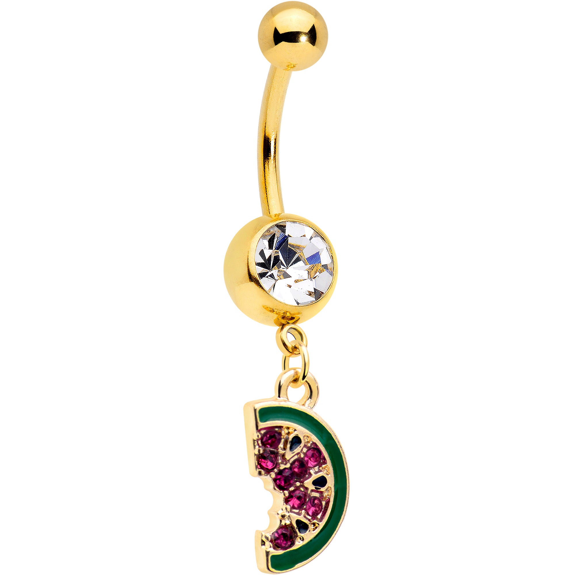 Clear Gem Gold Tone Watermelon Bite Dangle Belly Ring