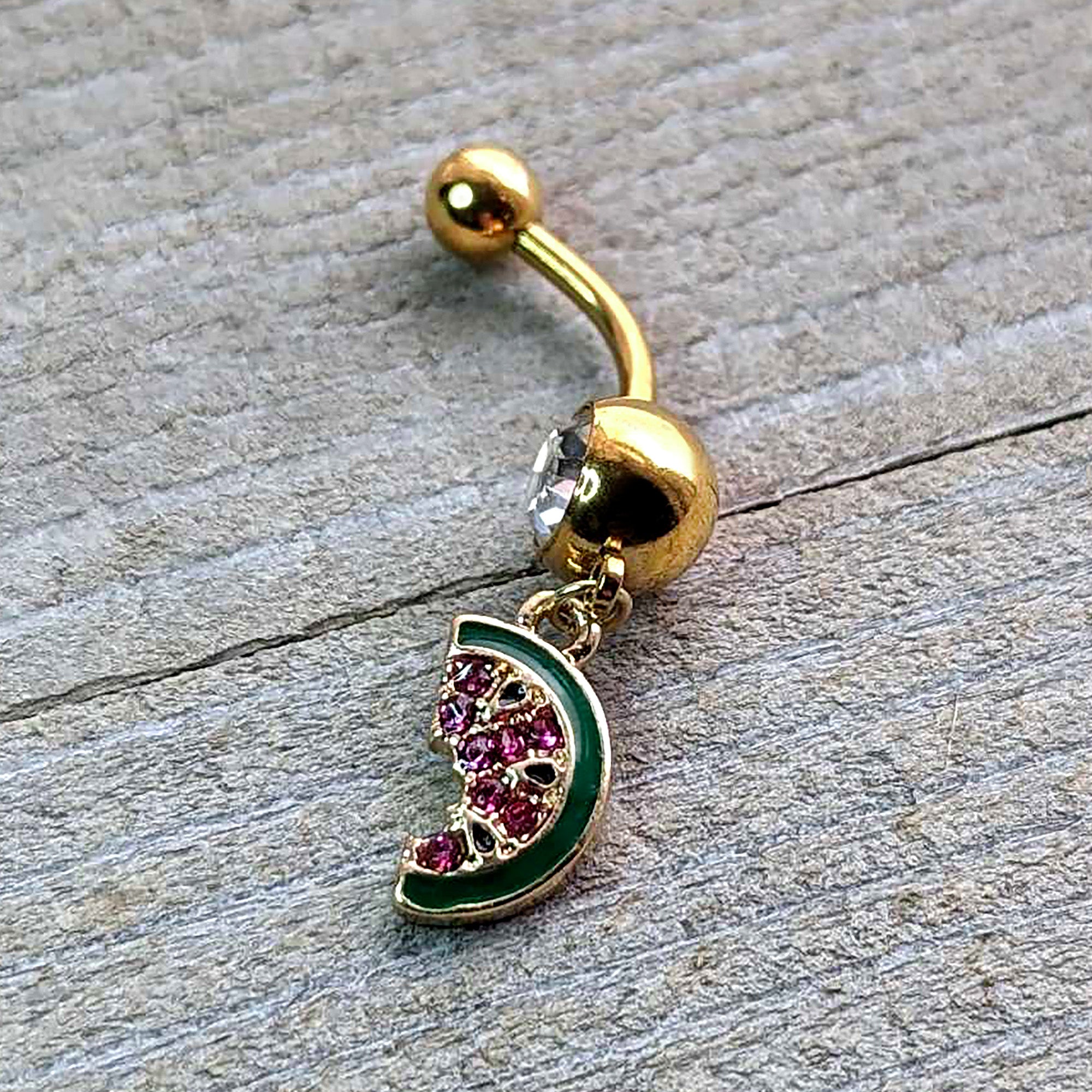 Clear Gem Gold Tone Watermelon Bite Dangle Belly Ring