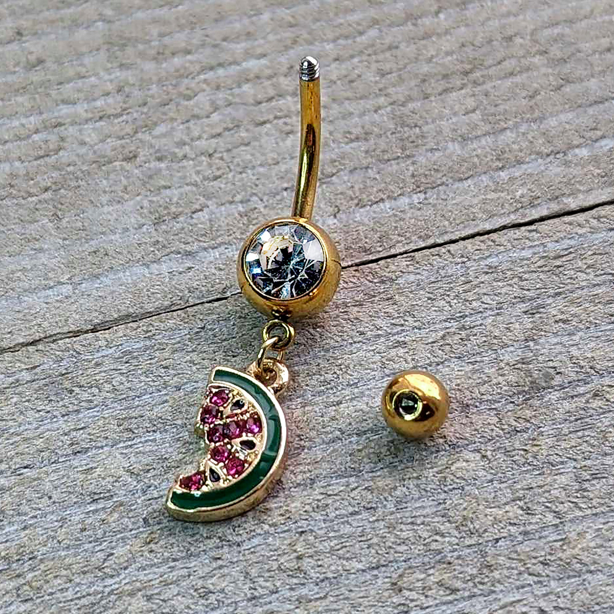 Clear Gem Gold Tone Watermelon Bite Dangle Belly Ring