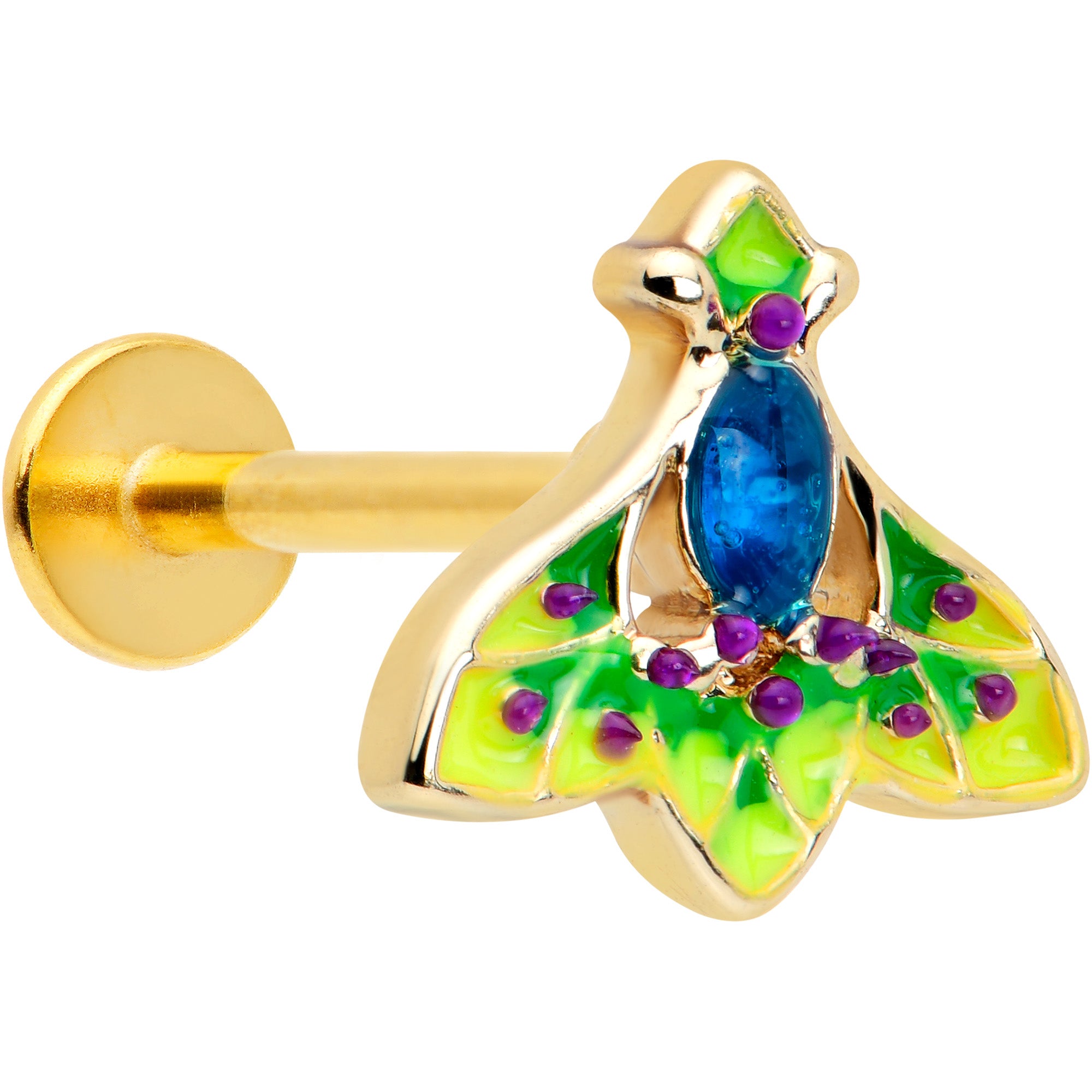 16 Gauge 5/16 Blue Gem Gold Tone Tropic Fan Labret Monroe Tragus