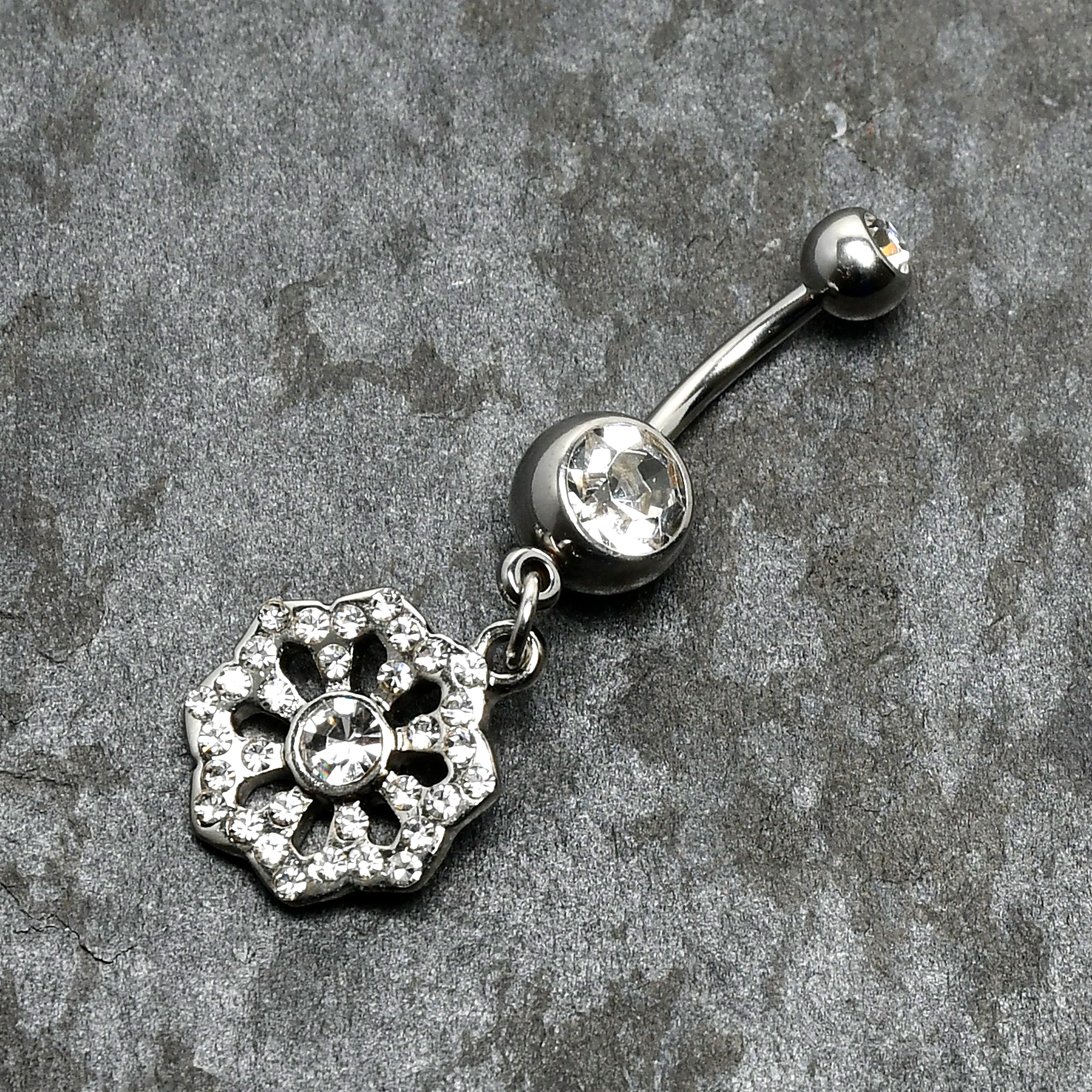 Clear Gem Baroque Fabulous Flower Dangle Belly Ring