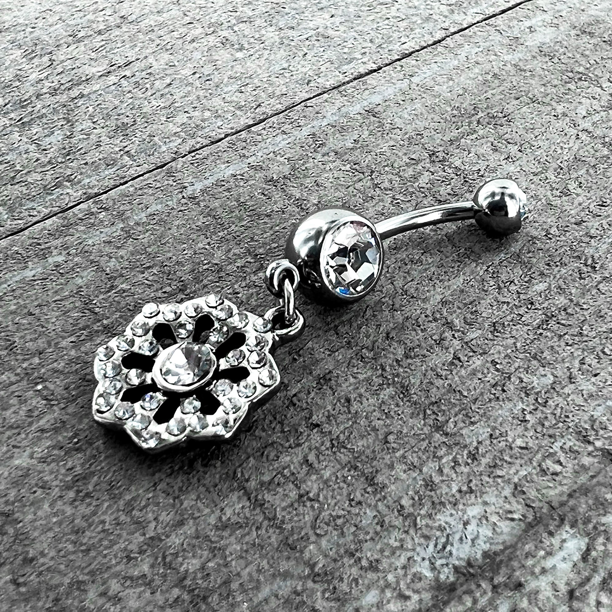 Clear Gem Baroque Fabulous Flower Dangle Belly Ring