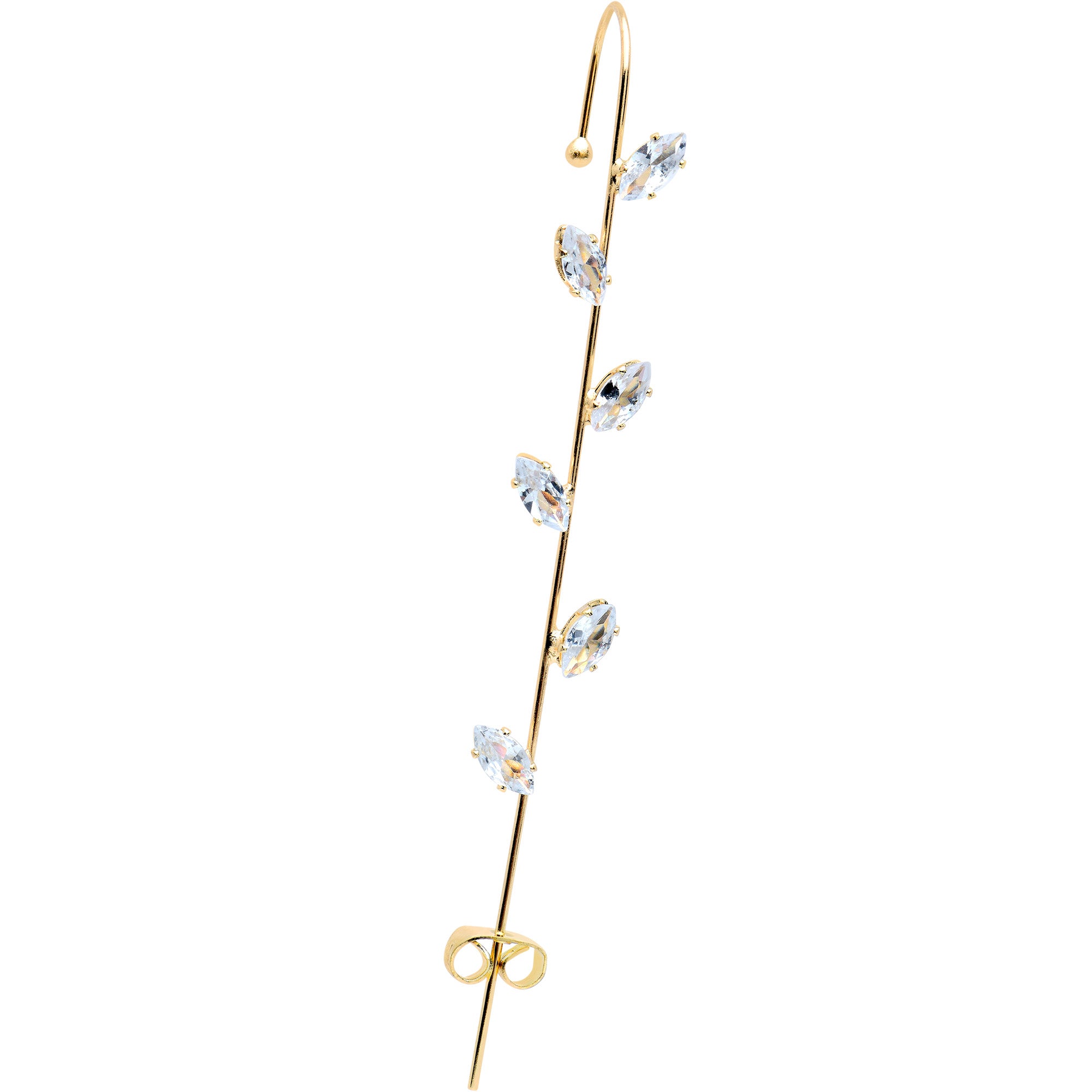 Clear CZ Gem Gold Tone Leafy Vine Ear Cuff Bar Earring