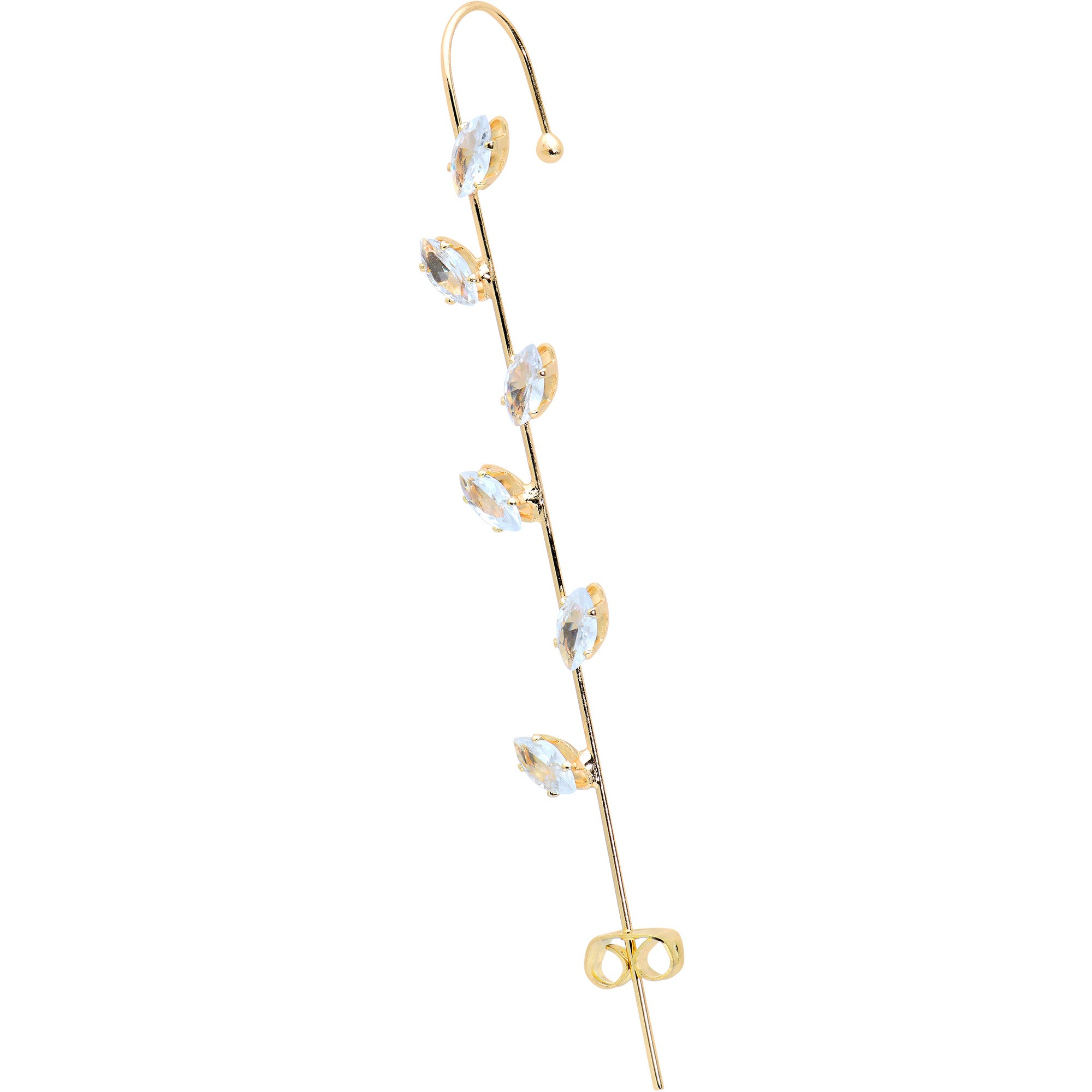 Clear CZ Gem Gold Tone Leafy Vine Ear Cuff Bar Earring