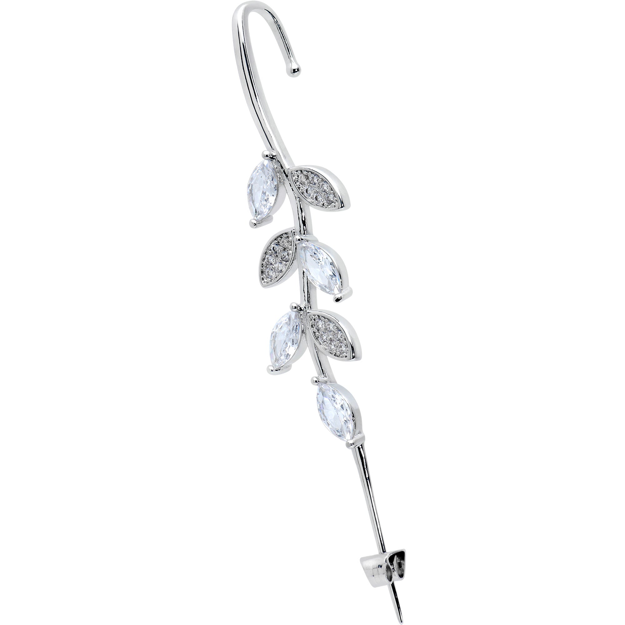 Clear CZ Gem Alternating Style Leafy Vine Ear Cuff Bar Earring