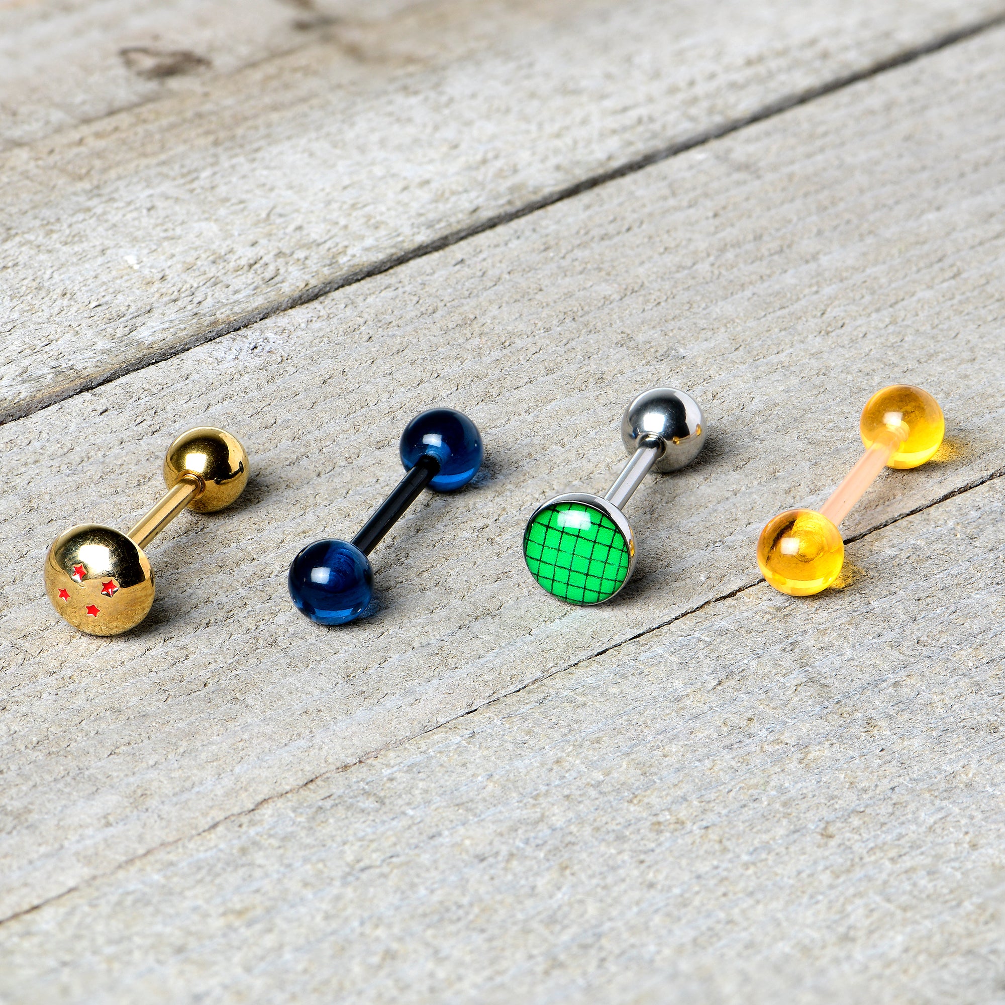 Licensed Dragonball Z Gold Tone Blue Green Barbell Tongue Ring Set of 4