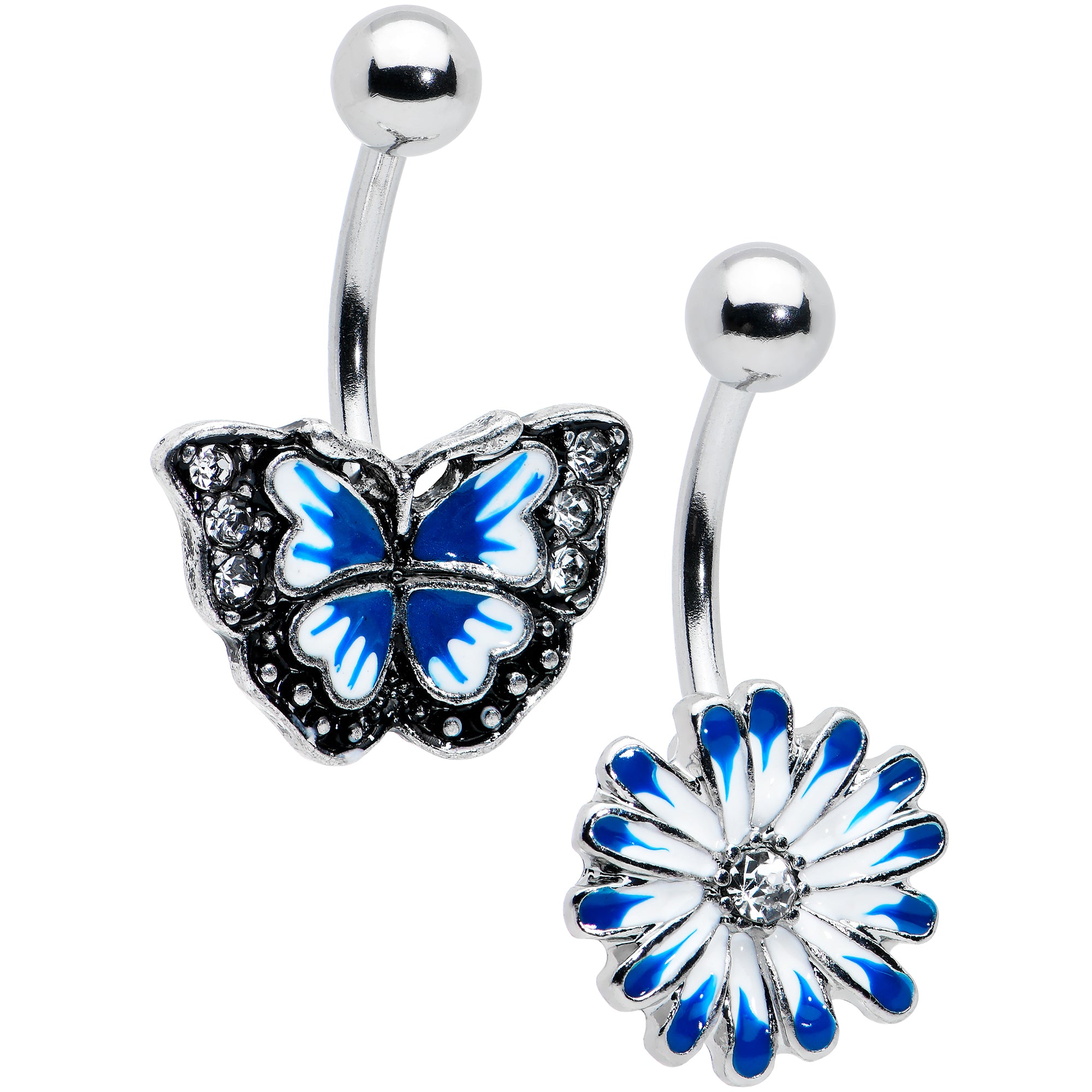 Clear Gem Butterfly Flower Blue White Belly Ring Set of 2