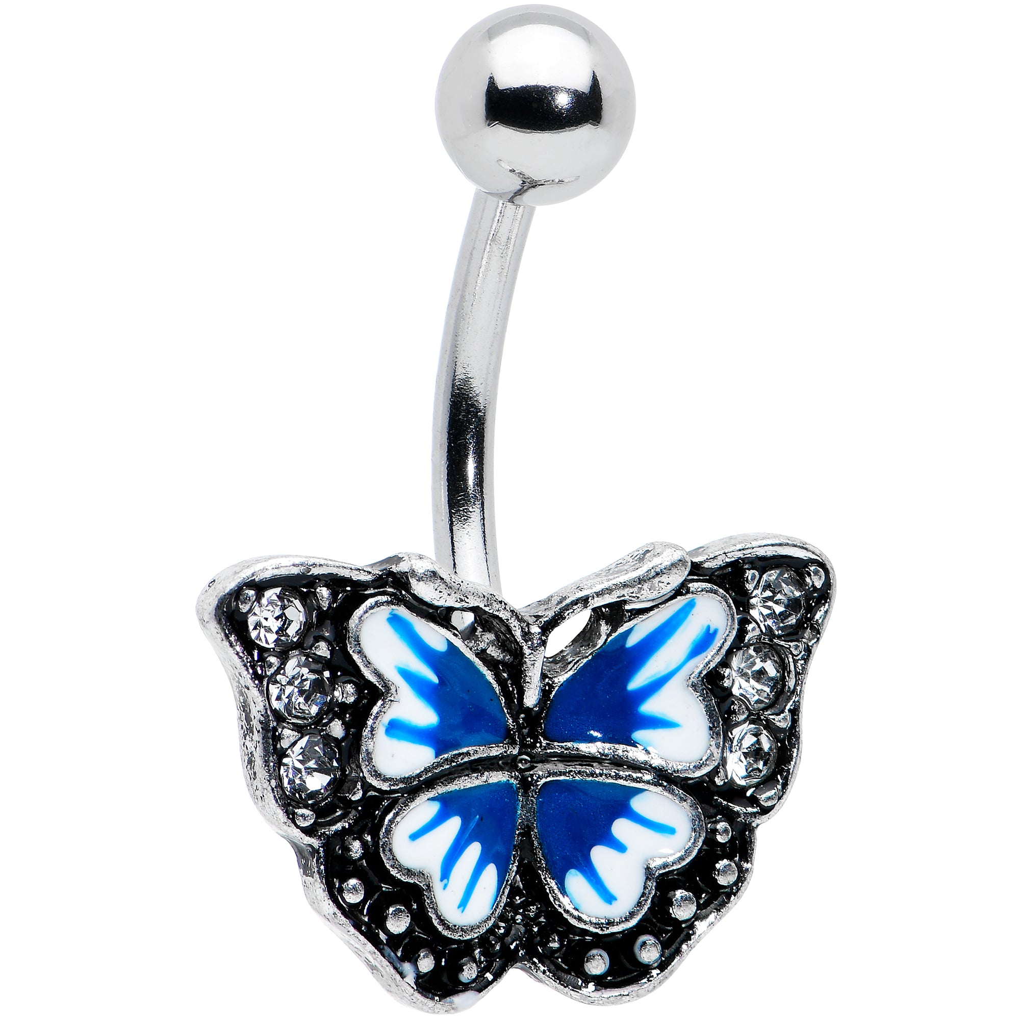 Clear Gem Butterfly Flower Blue White Belly Ring Set of 2