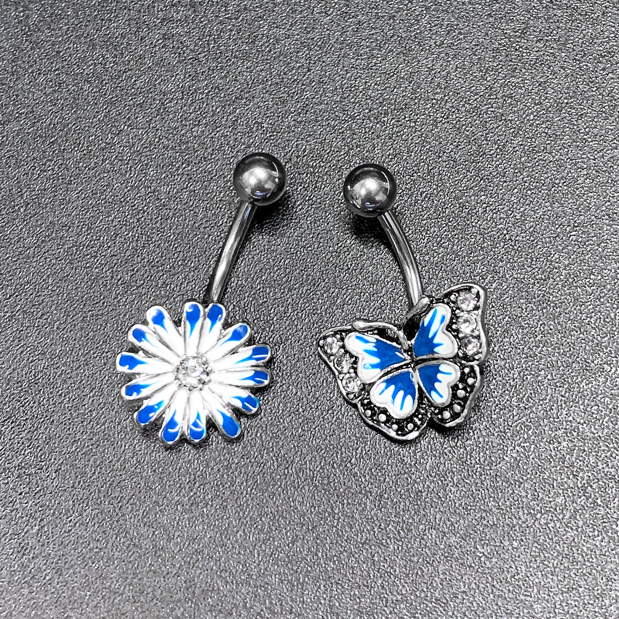 Clear Gem Butterfly Flower Blue White Belly Ring Set of 2