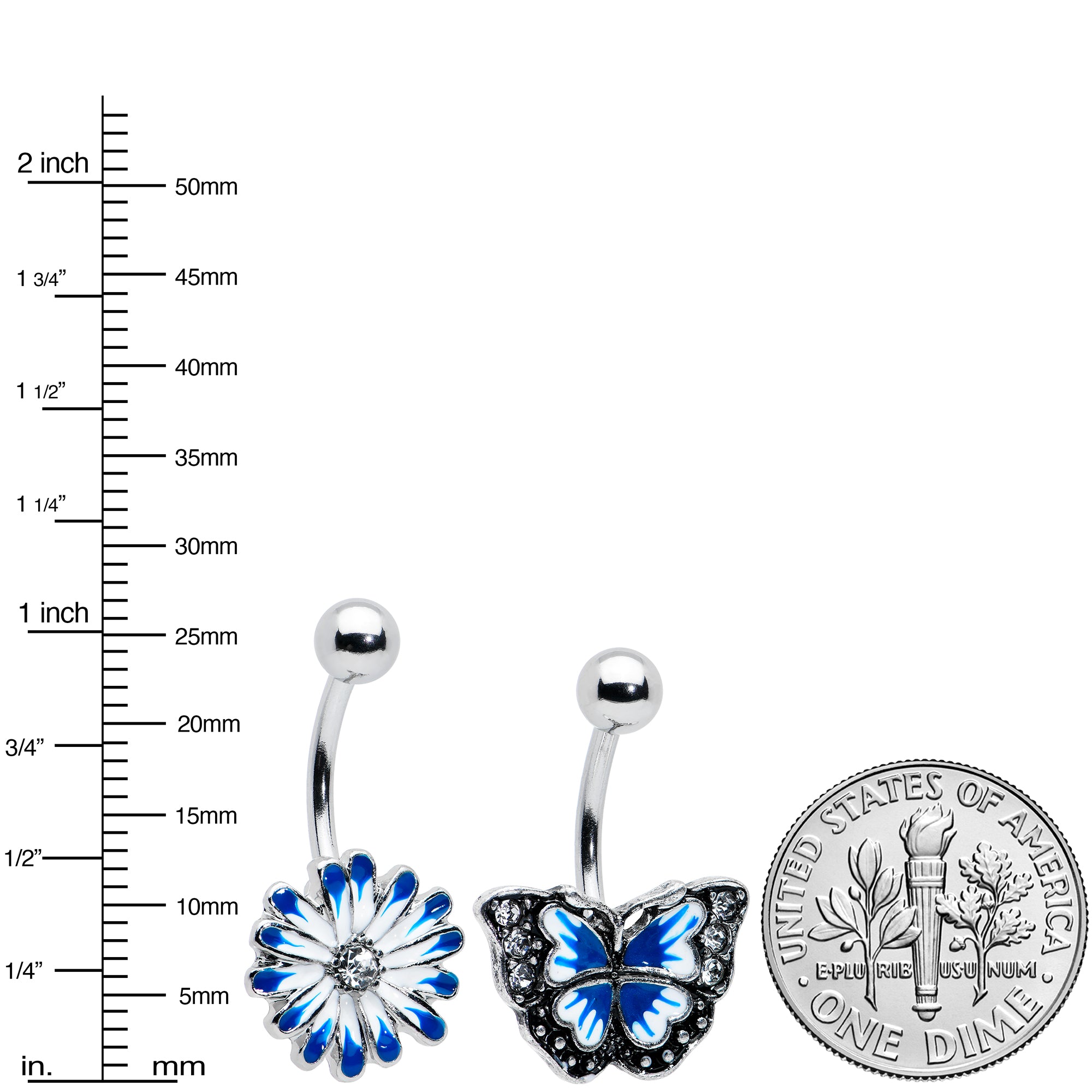 Clear Gem Butterfly Flower Blue White Belly Ring Set of 2