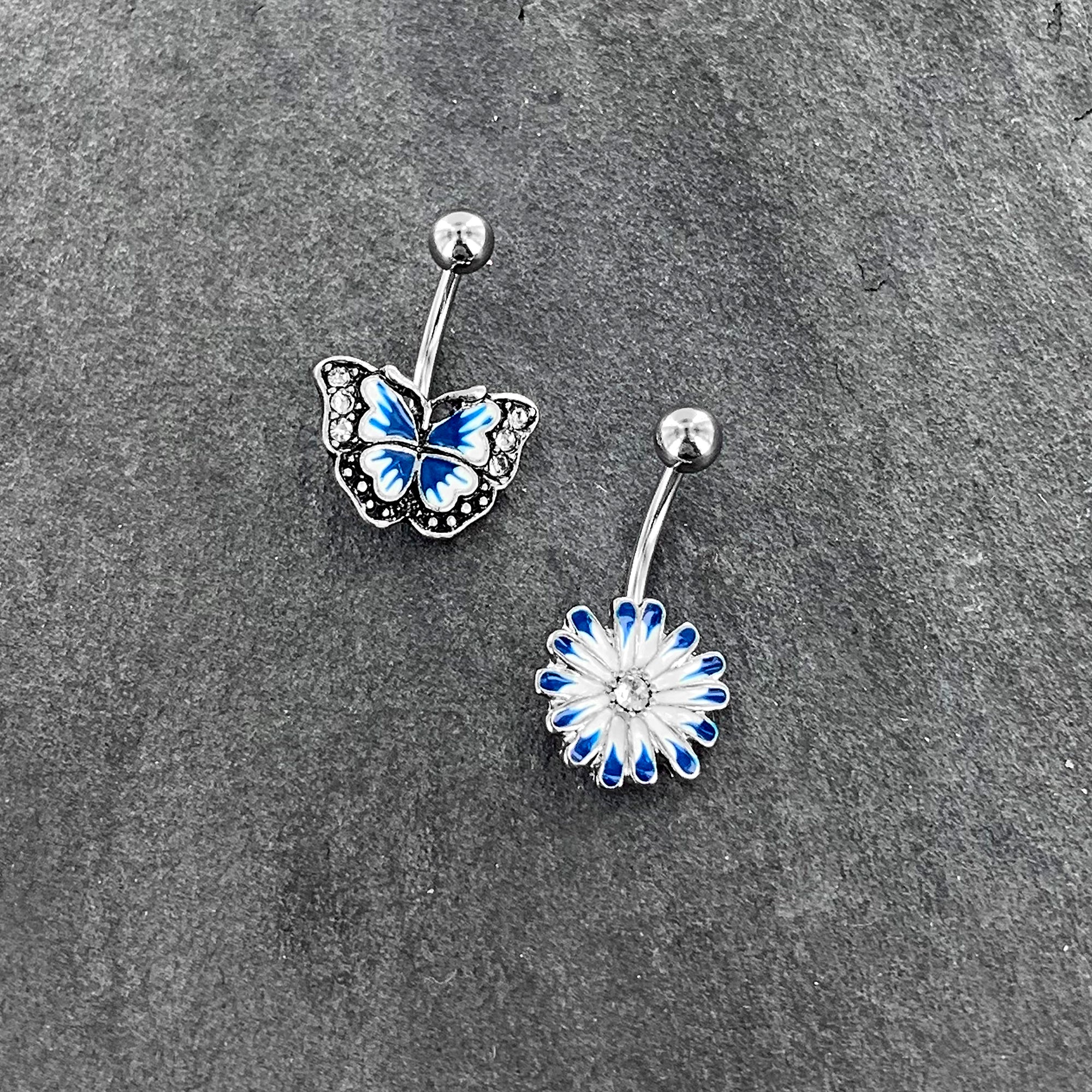 Clear Gem Butterfly Flower Blue White Belly Ring Set of 2